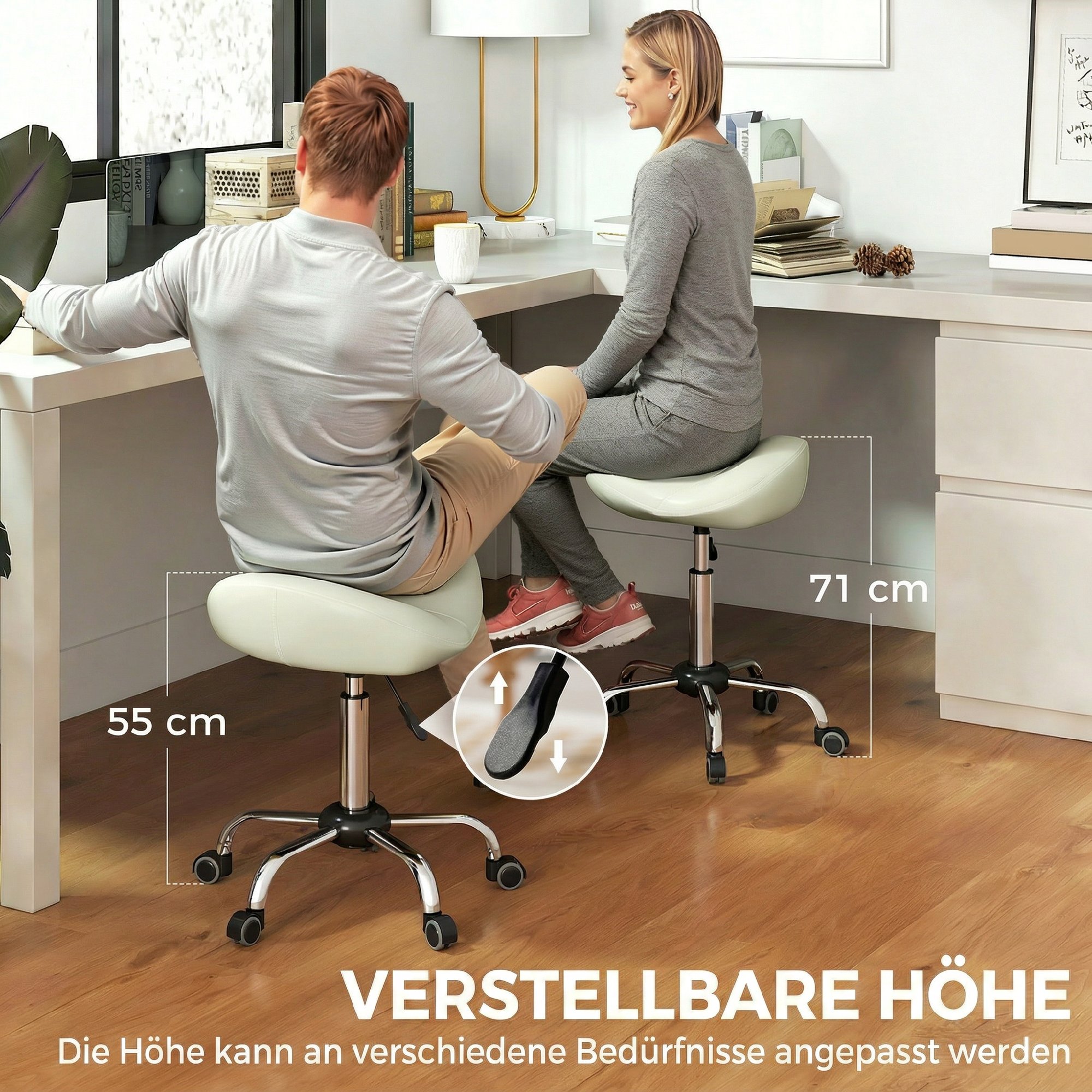 Sattelstuhl, Höhenverstellbarer Rollstuhl Mit PU-Leder Für Massage, Spa, Klinik, Beauty Und Tattoo, Cremeweiß