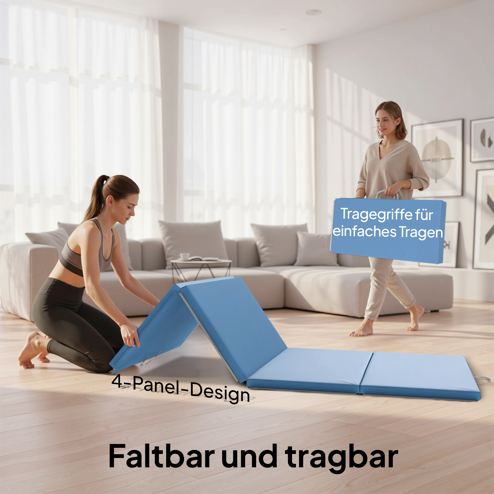 Trainingsmatte, Faltbare Fitnessmatte Sportmatte Mit Griffen Für Yoga, MMA, Fitness, Pilates 240 X 120 X 5 Cm Hellblau