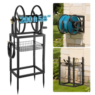 Freestanding Garden Hose Reel, Holds 200 Feet Of 5  8-inch Hose, Wall Mount Or Ground Mount, Detachable Holder Stand With Storage Rack, 5 Ft Leader Hose, Brass Fitting, 4 Spikes, F