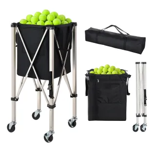 Tennis Ball Hopper, Holds 200 Tennis Balls, Foldable Pickleball Basket Cart With Wheels For Easy Pick Up, Stainless Steel Portable Pickleball Cart Caddy With Storage Bag, For Train