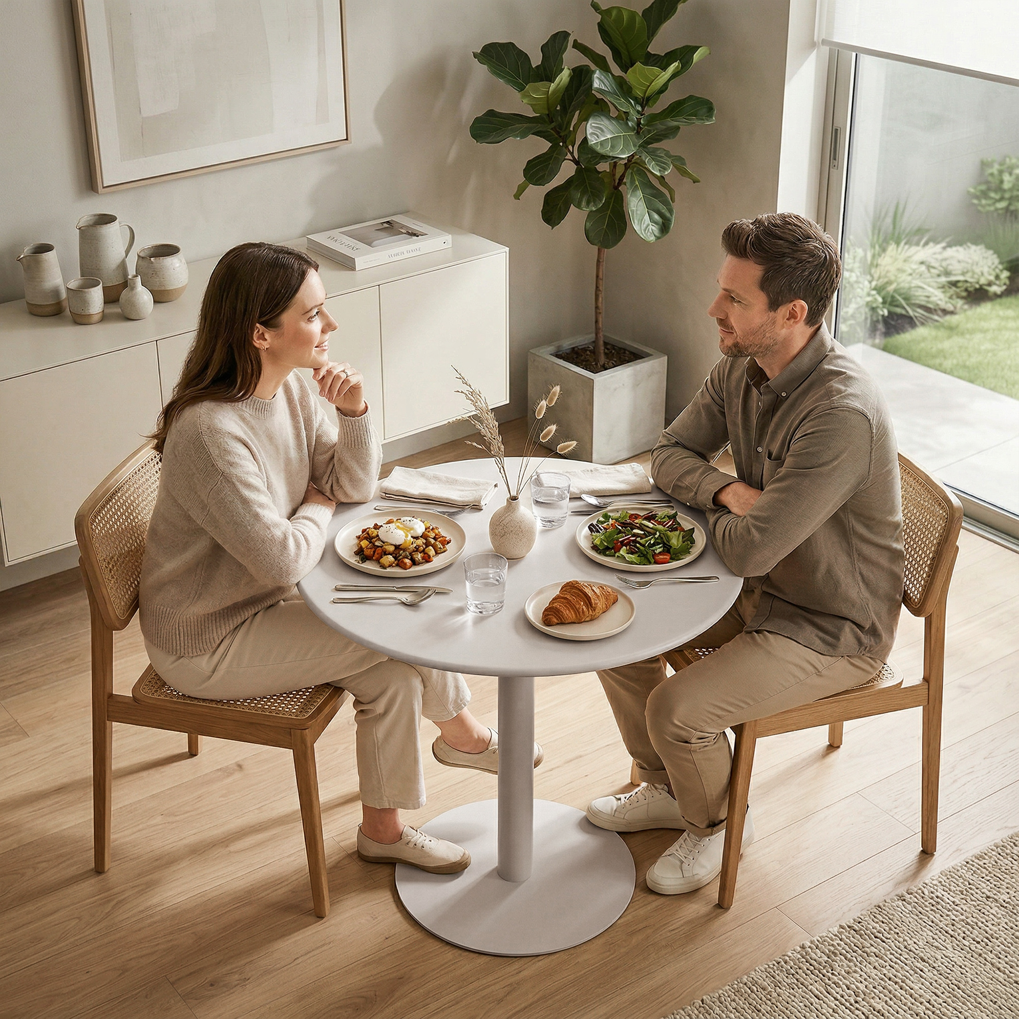 Runder Küchentisch Für 2 Personen Mit Stahlgestell, Platzsparend, 60 X 60 X 72 Cm, Beige