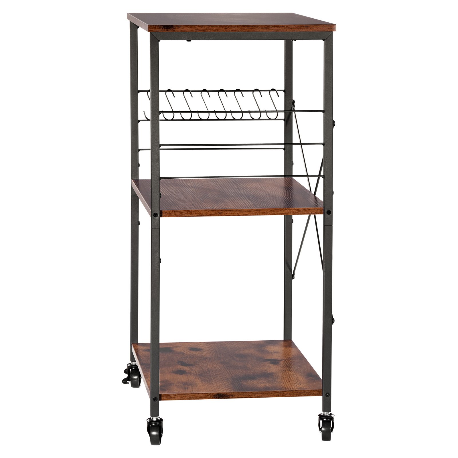 Kitchen Utility Cart, 3 Tier 23.7 In Microwave Stand Coffee Cart, Heavy Duty Storage Rack, Service Trolley On Wheels, Industrial Rolling Work Table With 8 Hooks, For Mini Oven, Toaster, Vintage