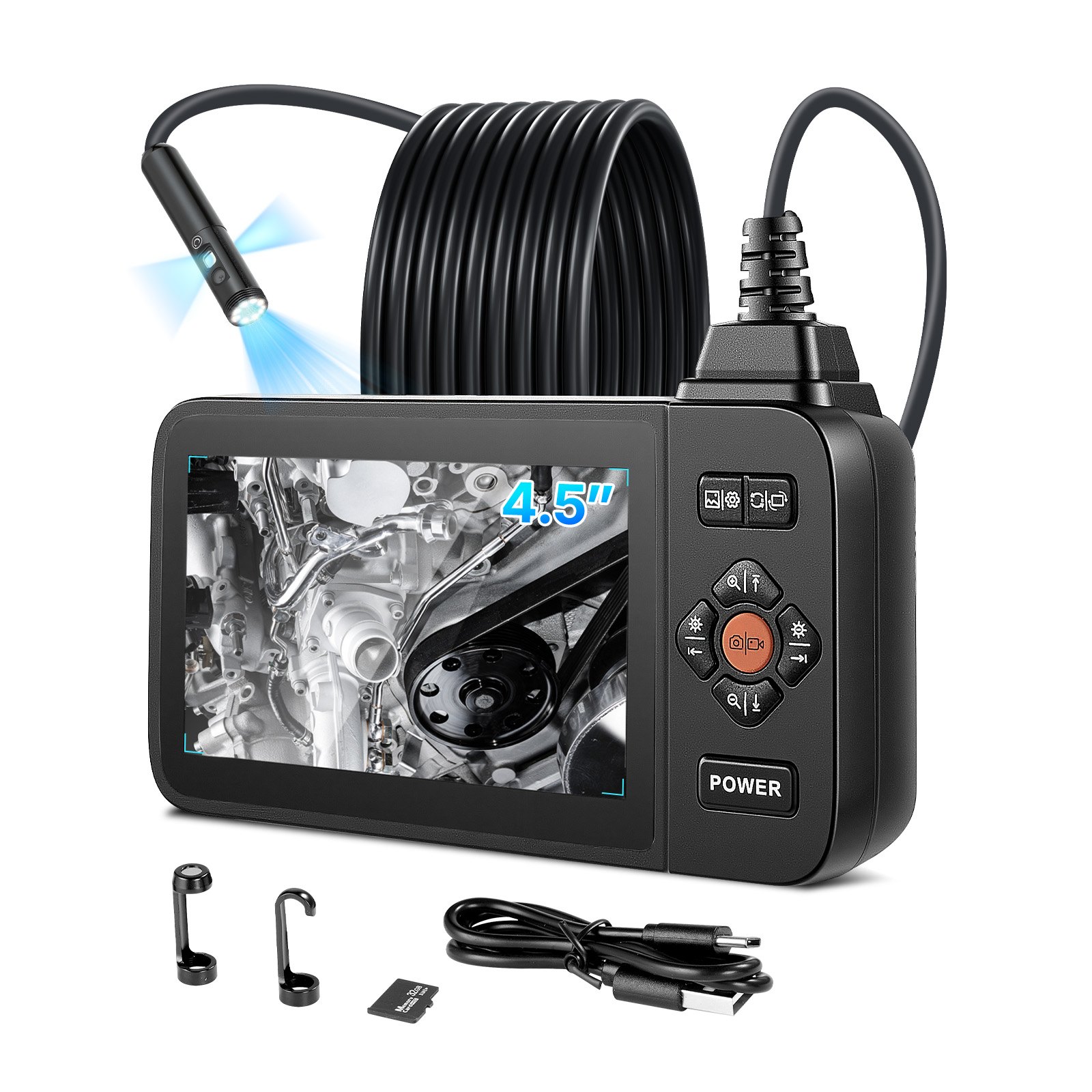 Triple Lens Endoscope With Light, 4.5 HD IPS Screen Industrial Borescope Camera, 8  2 Lights, 8X Zoom, IP67 Waterproof Inspection Snake Camera For Automotive, Plumbing  6.4FT Rigid Cable