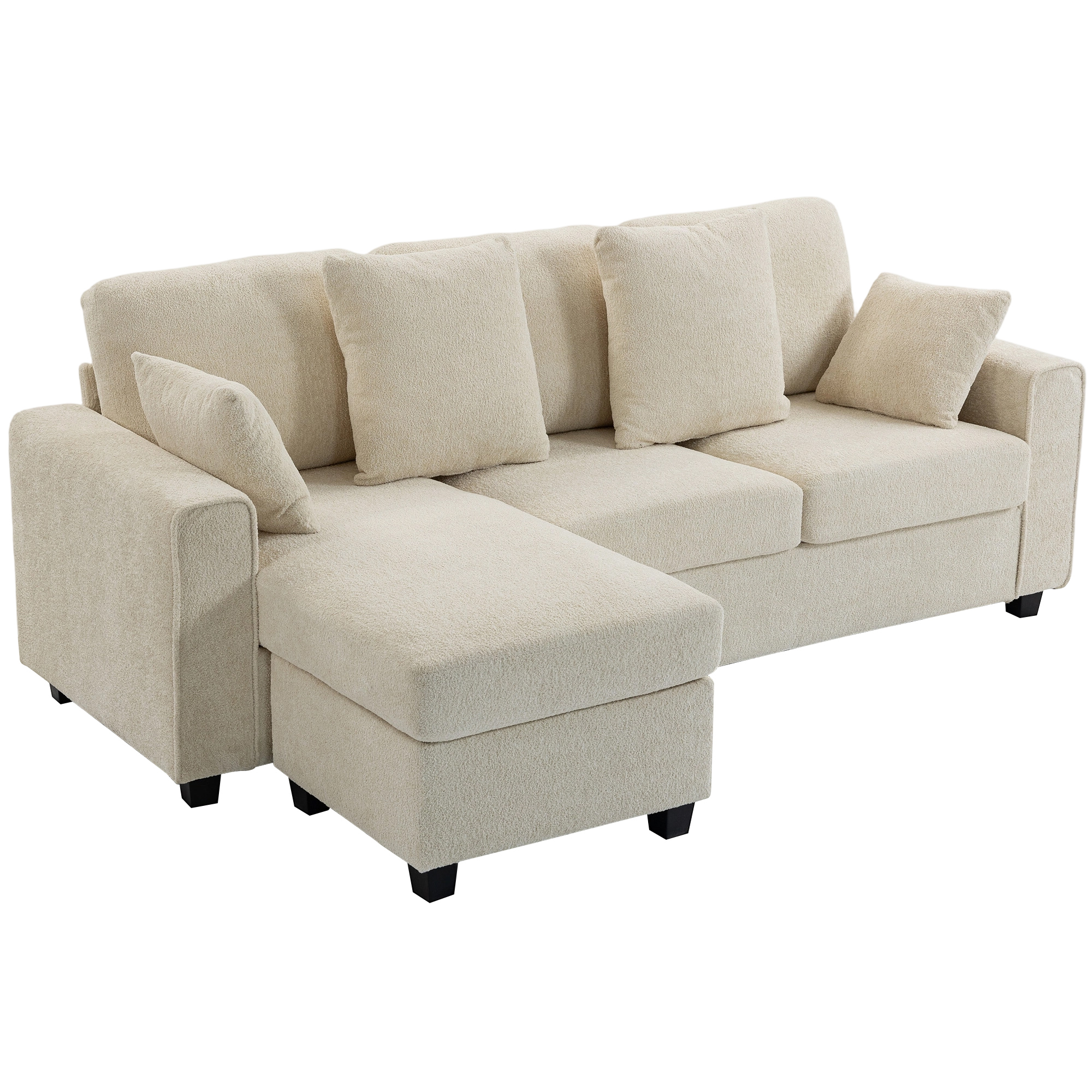 Ecksofa Mit Umkehrbarer Chaiselongue, 3-Sitzer Sofa Mit Samtoptik, Breite Und Tiefe Sitzfläche, Federkissen, Beige