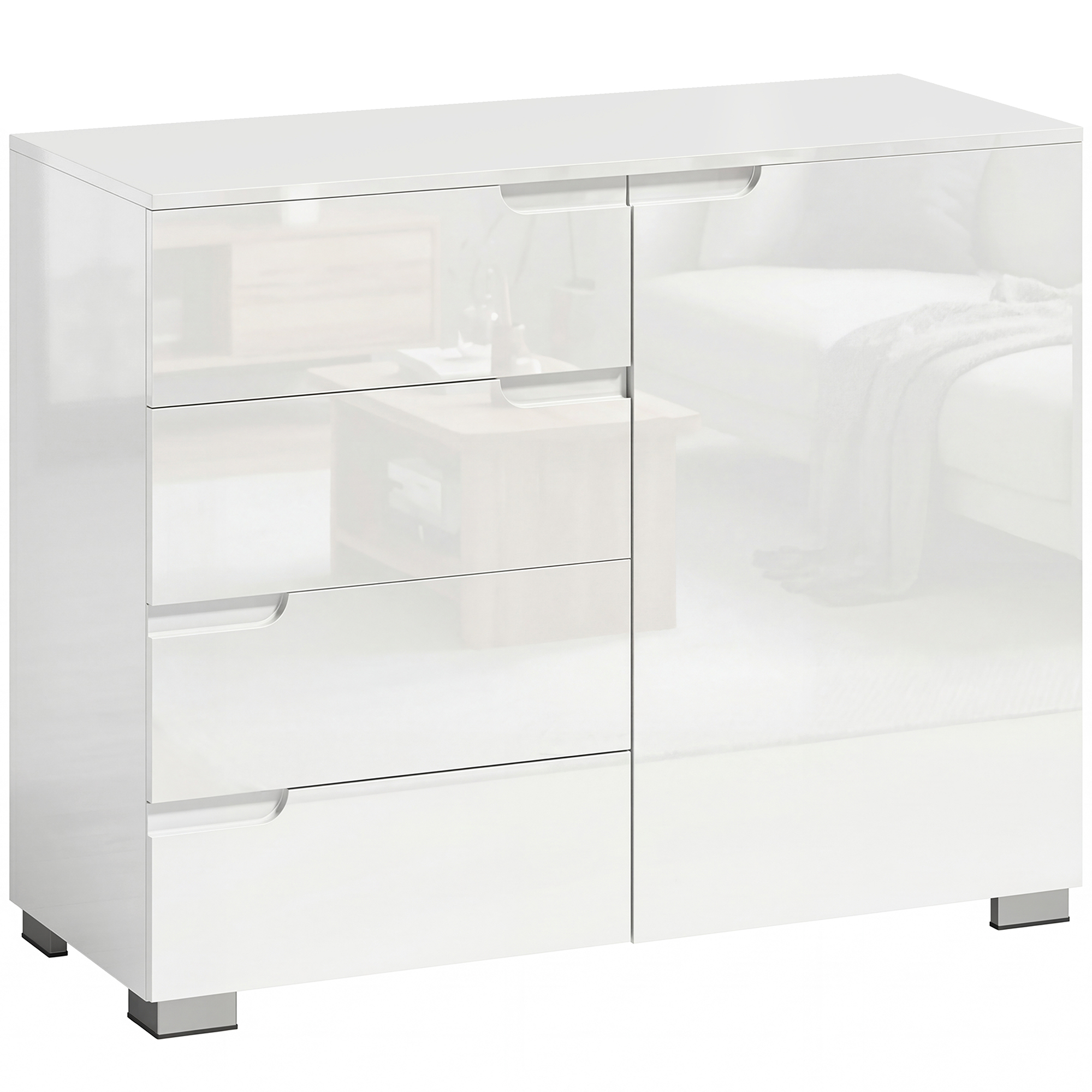 Kommode Mit 4 Schubladen Sideboard Mit 1 Tür, Verstellbarem Einlegeboden, Für Wohnzimmer, Schlafzimmer 100 X 40 X 80 Cm