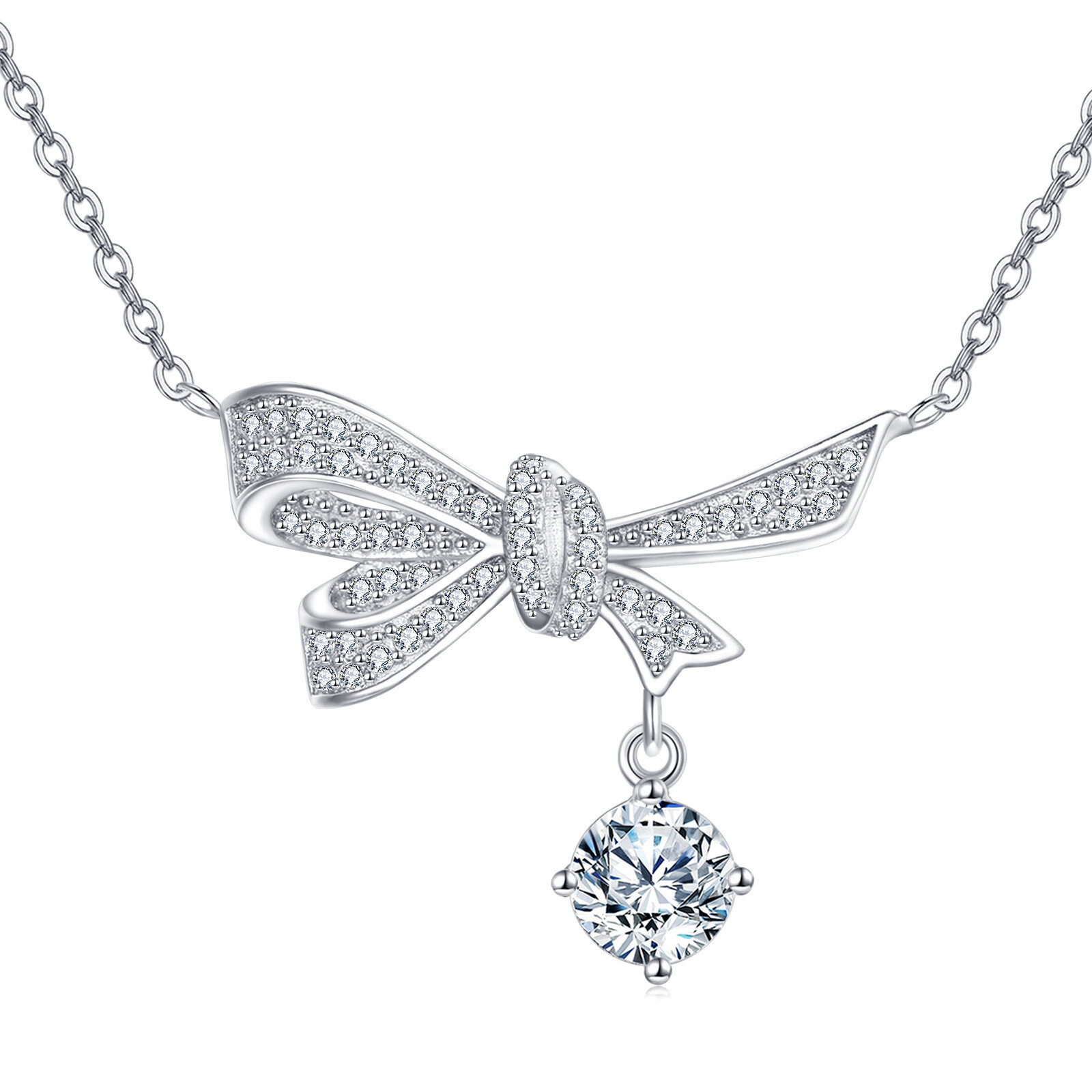 925 Sterling Silver Elegant Silver Bow Necklace With Dangling Moissanite Pendant Sparkling Charm
