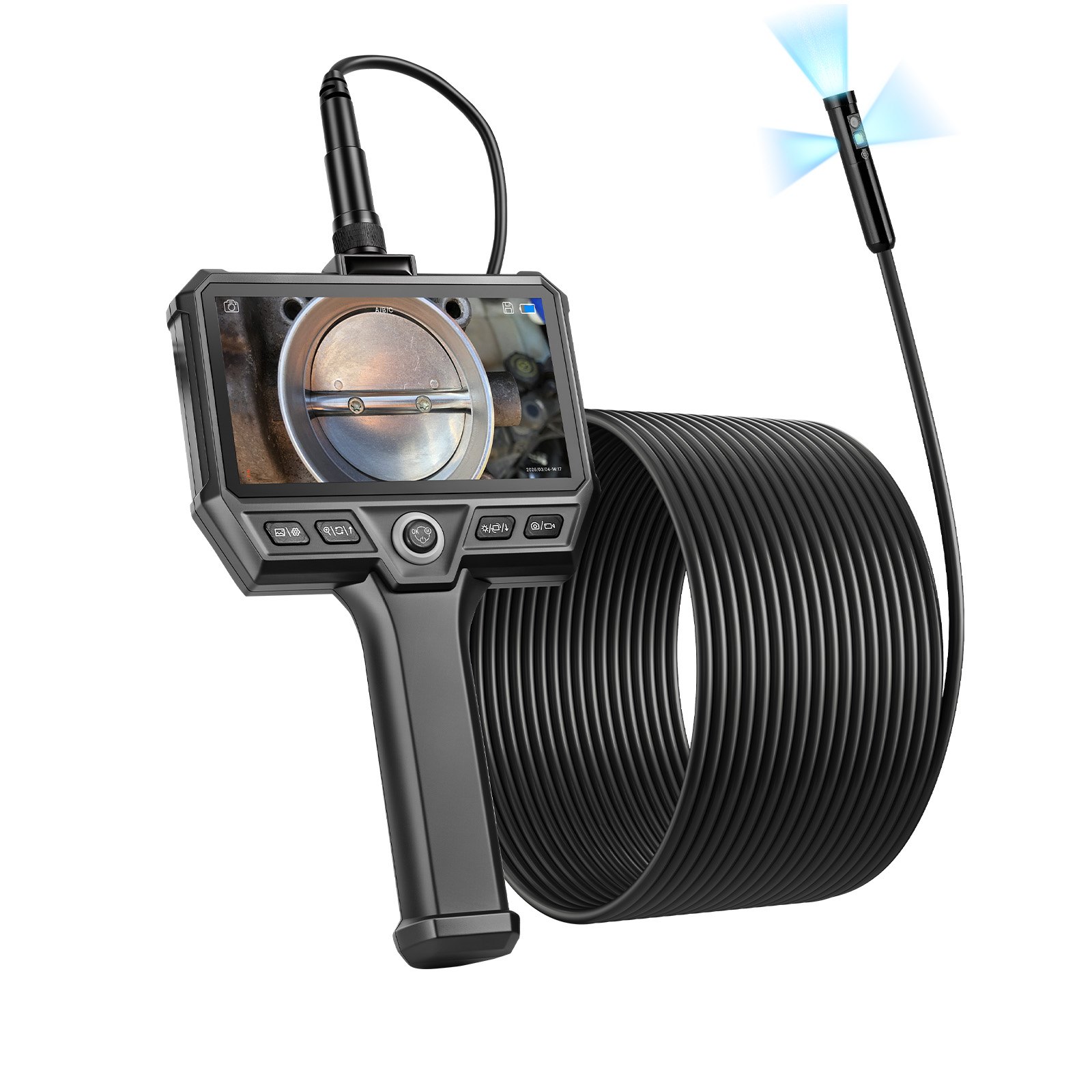 Triple Lens Endoscope With 32.8FT Newly Ultra-Rigid Cable, Industrial Borescope With Light, 5 HD IPS Screen, 8  2 Lights, 8X Zoom, 5000mAh, IP67 Waterproof Snake Camera For Auto, Plumbing