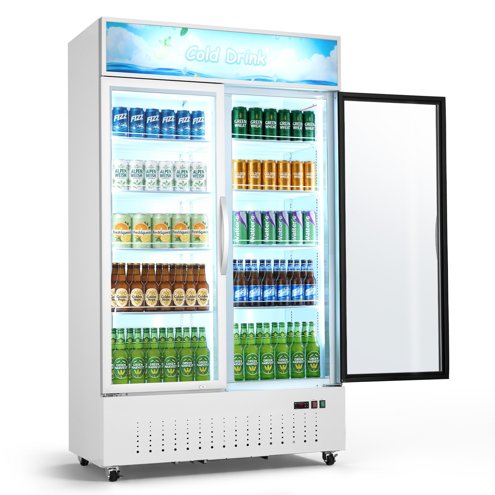 Commercial Merchandiser Refrigerator, 35.3 Cu.Ft / 1000L Upright Beverage Cooler, 2 Glass Door Display Refrigerator With Customizable Lightbox, 8 Adjustable Shelves, Soft LED Lighting & Casters