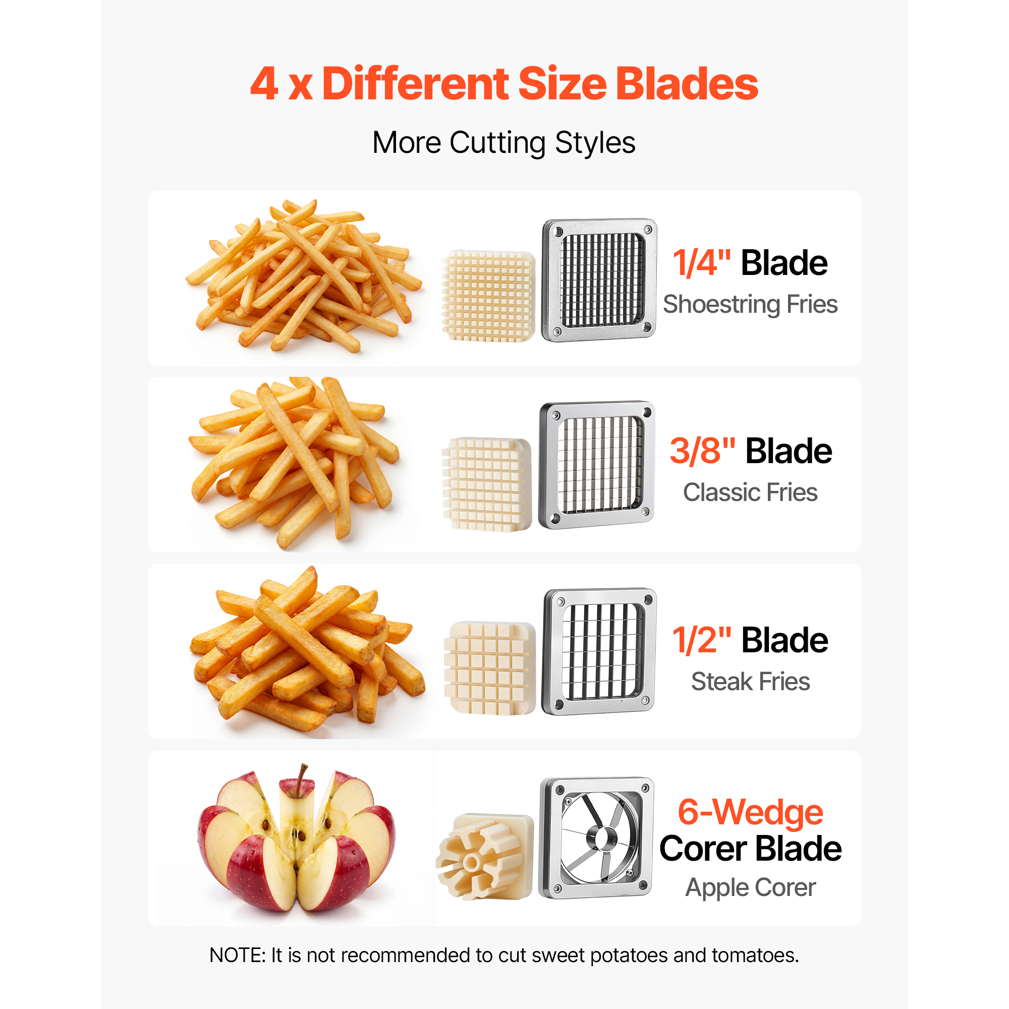 French Fry Cutter, Commercial Vegetable Chopper With 4 Blades (1/2", 3/8", 1/4" & 6-Wedge With Corer), Lever Stainless Steel Potato Slicer For Home Thick, Regular & Thin Fries Cut, Onion, Fruit image 3