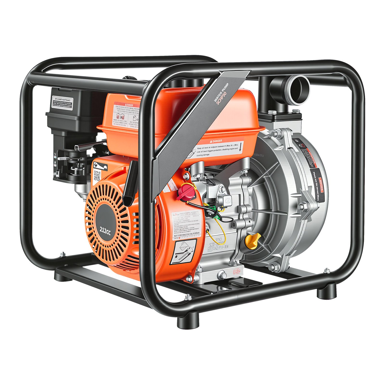 Gas Powered Water Pump, 2 In, 128 GPM 6HP Semi Trash Water Transfer Pump Portable, Gasoline Engine With 25 Ft Discharge Hose, Heavy Duty Frame, Cast Iron Impeller, For Irrigation, Ponds, Pools
