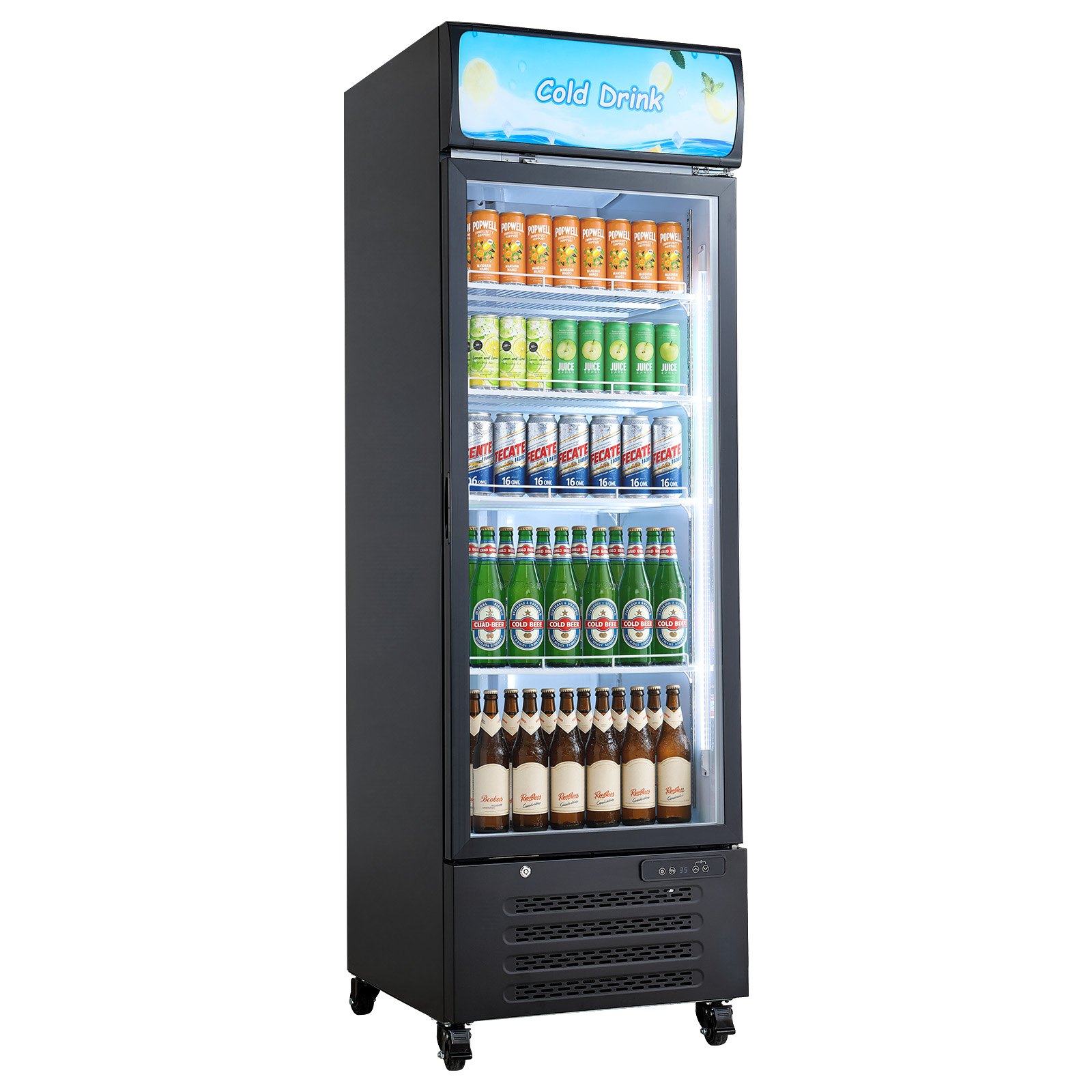 Commercial Merchandiser Refrigerator, 15.9 Cu.Ft / 450 L Glass Door Display Refrigerator, Upright Beverage Cooler With Customizable Lightbox, 4 Adjustable Shelves & Soft LED Light 