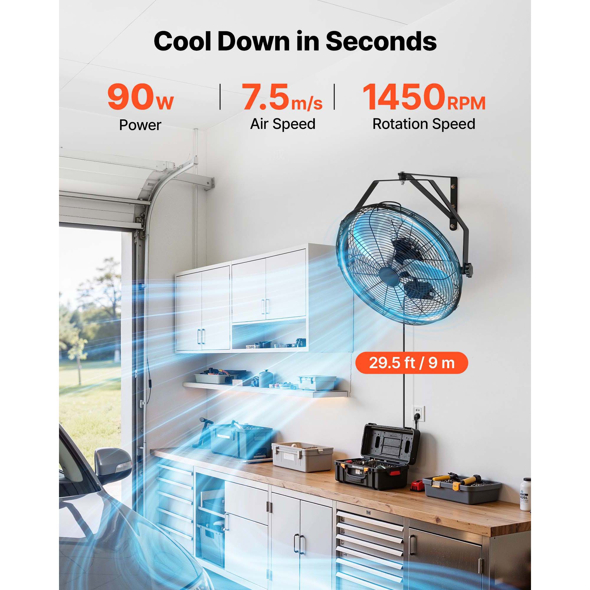 Wall Mount Fan, 18 In Wall Mounted Hanging Fan With IP44-rated Protection, 3-Speed, Long Airflow Distance, Adjustable Rotation Angle, Powerful For Industry, Commercial, Garage, Workshop image 2