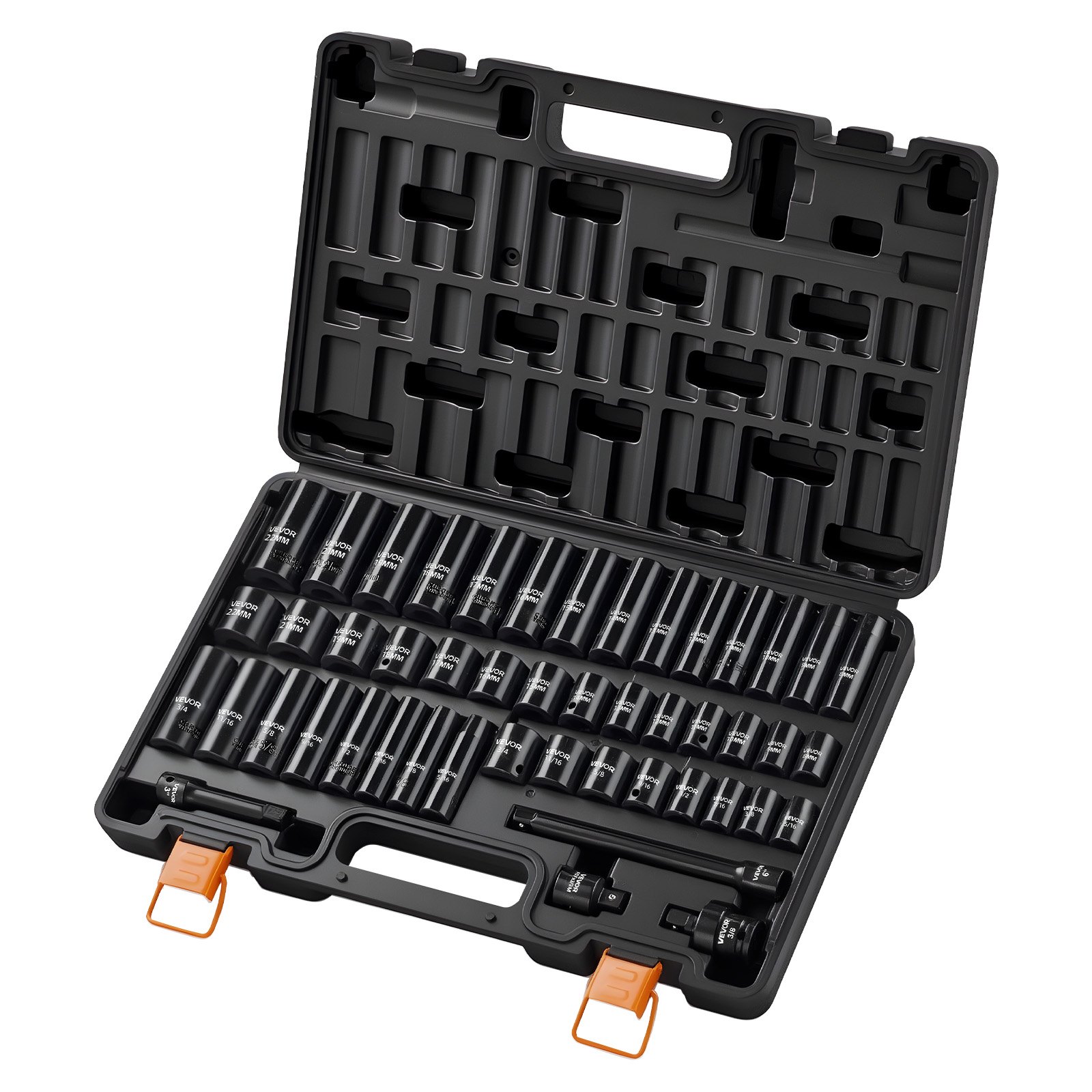 Impact Socket Set, 3/8" Drive, 48-Piece Socket Set, 6-Point Sockets, SAE 5/16"-3/4" And Metric 8-19 Mm, 21-22 Mm, Easy To Identify, Cr-V Alloy Steel, Extension Bar, Adapter And Storage Cage