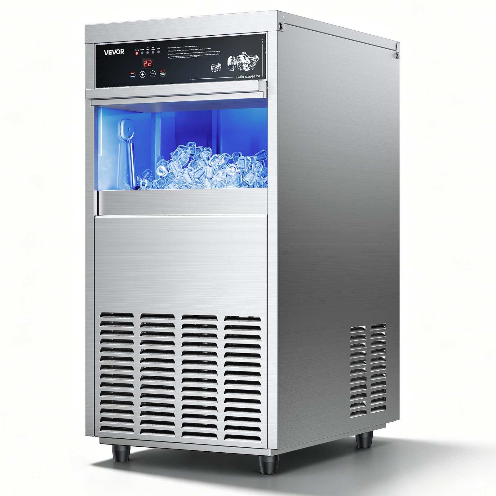 Commercial Ice Maker Machine, 100 Lbs/24h With 30-35 Lbs Storage, Built-in/Freestanding/Under Counter, Stainless Steel Ice Maker With LED Display & Self-Cleaning, For Home Bar Rest