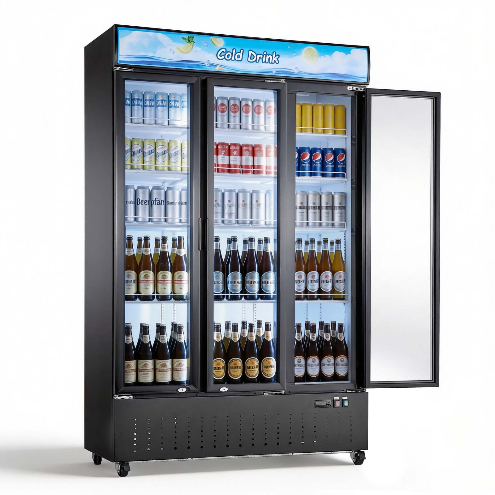 Commercial Merchandiser Refrigerator, 26.8 Cu.Ft / 760L Upright Beverage Cooler, 3 Glass Door Display Refrigerator With Customizable Lightbox, 12 Adjustable Shelves, Soft LED Light