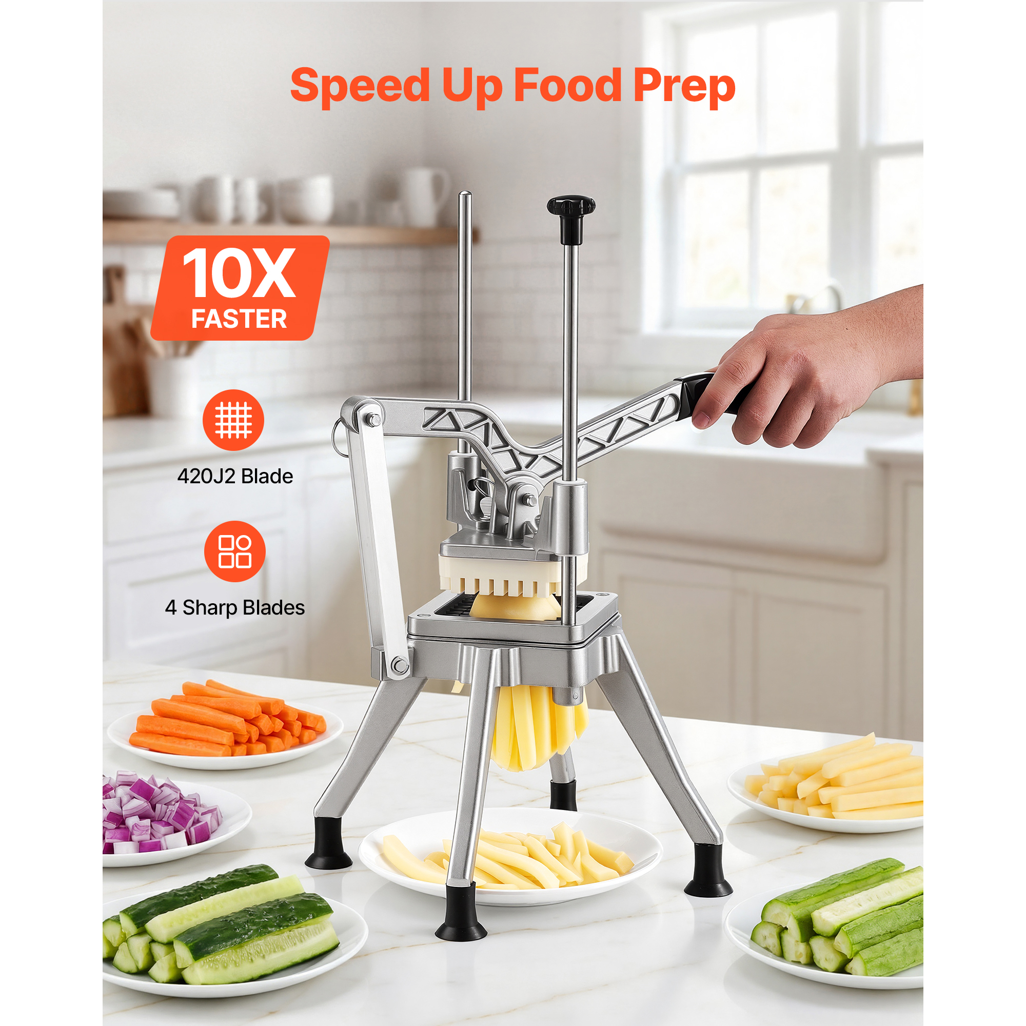 French Fry Cutter, Commercial Vegetable Chopper With 4 Blades (1/2", 3/8", 1/4" & 6-Wedge With Corer), Lever Stainless Steel Potato Slicer For Home Thick, Regular & Thin Fries Cut, Onion, Fruit image 2