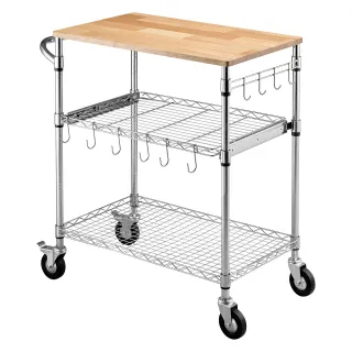 Kitchen Utility Cart, 3 Tier Heavy Duty Adjustable Wire Storage Rack With Wood Tabletop And Handle Bar, Rolling Portable Service Trolley On Wheels, 661 Lbs Steel Work Table, 30x18x