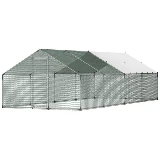 Large Metal Chicken Coop, 9.8 X 26.2 X 6.6 Ft, Walk-in Chicken Runs With Waterproof Cover, Spire Roof Hen House Enclosure With Lock, Outdoor Duck Rabbit Cage Poultry Pen For Backya