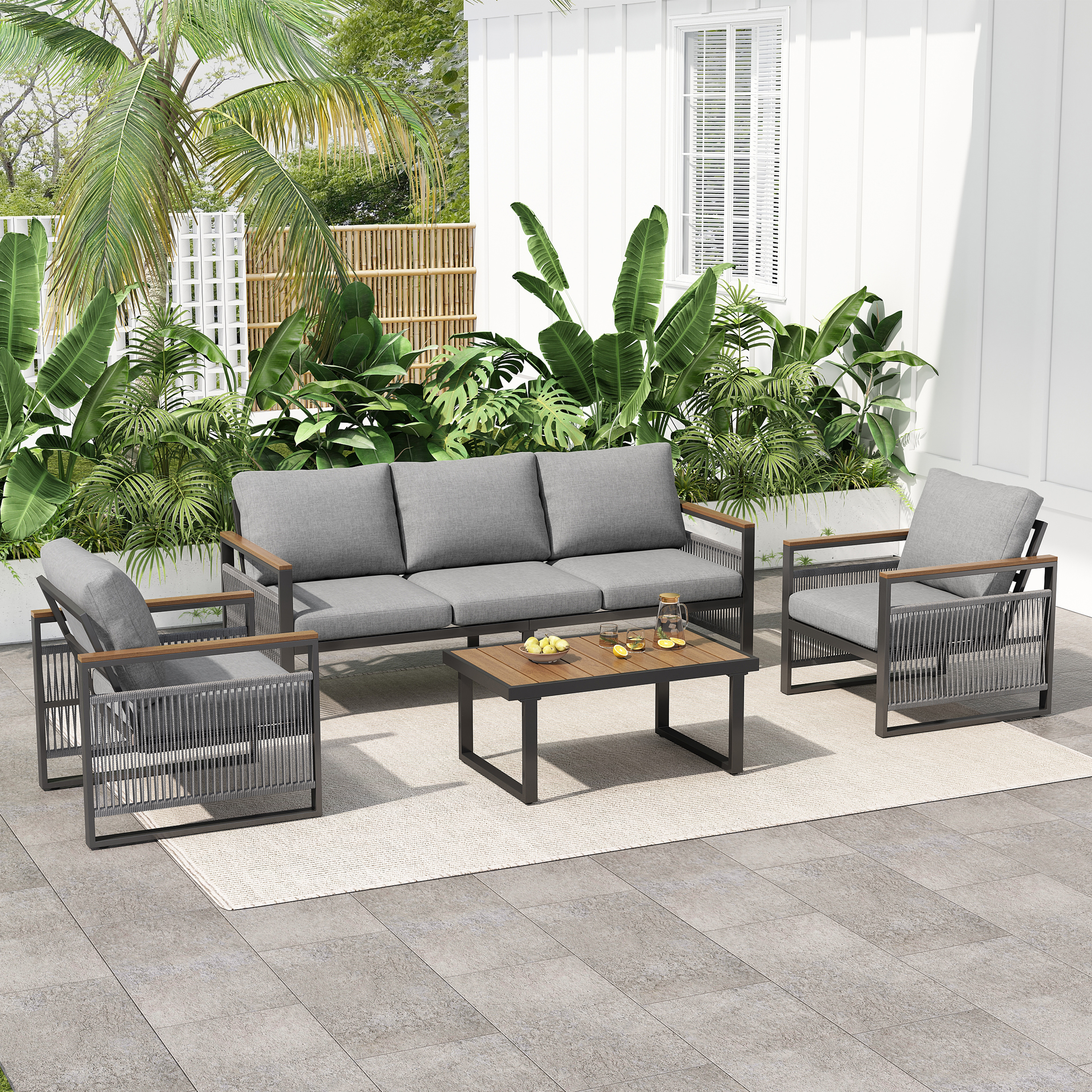 4-Pieces Outdoor Metal Patio Furniture Set, 5-Seat Patio Furniture Sofa Set With Cushion, Modern Outdoor Furniture Deep Seating For Porch, Garden, Backyard, Balcony, Grey & Natural
