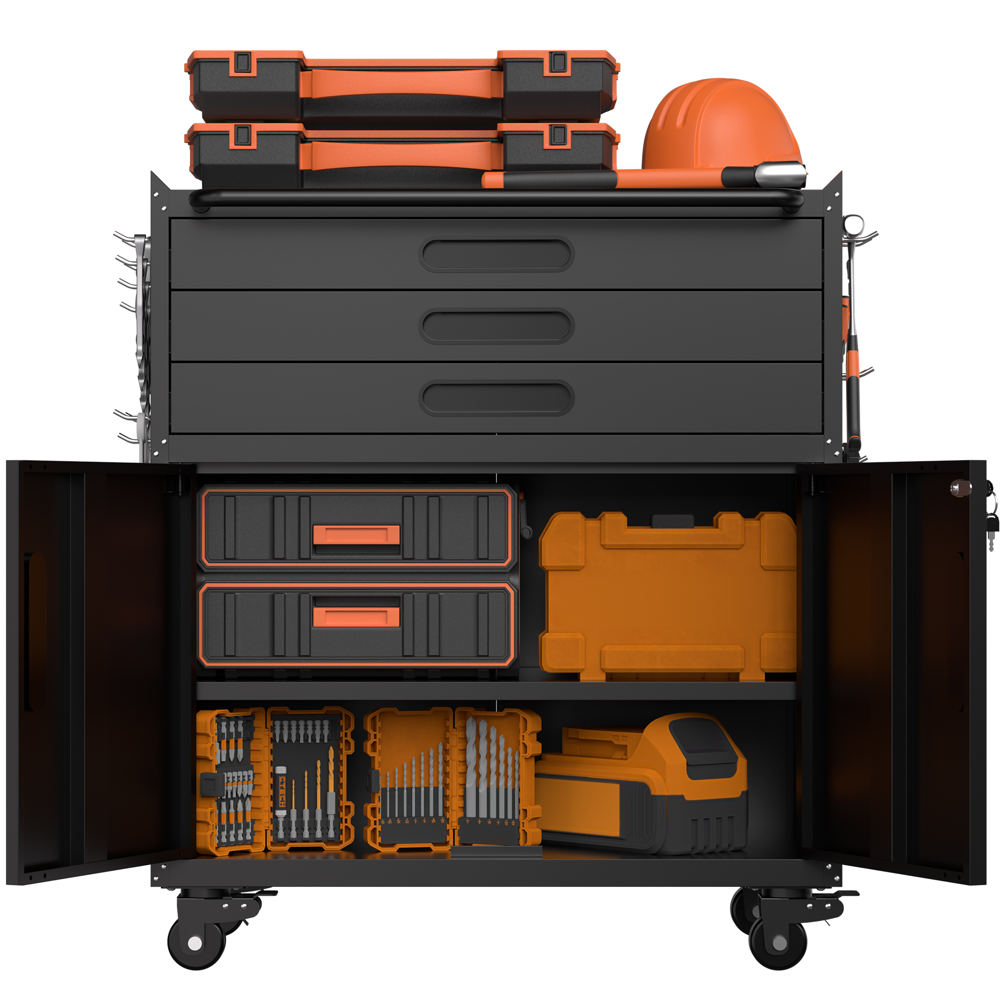 34.3 Rolling Metal Tool Cabinet - Heavy Duty Garage Storage With Lockable Doors & 3 Drawers, Mobile Workbench Organizer For Garage, Workshop, Home detail