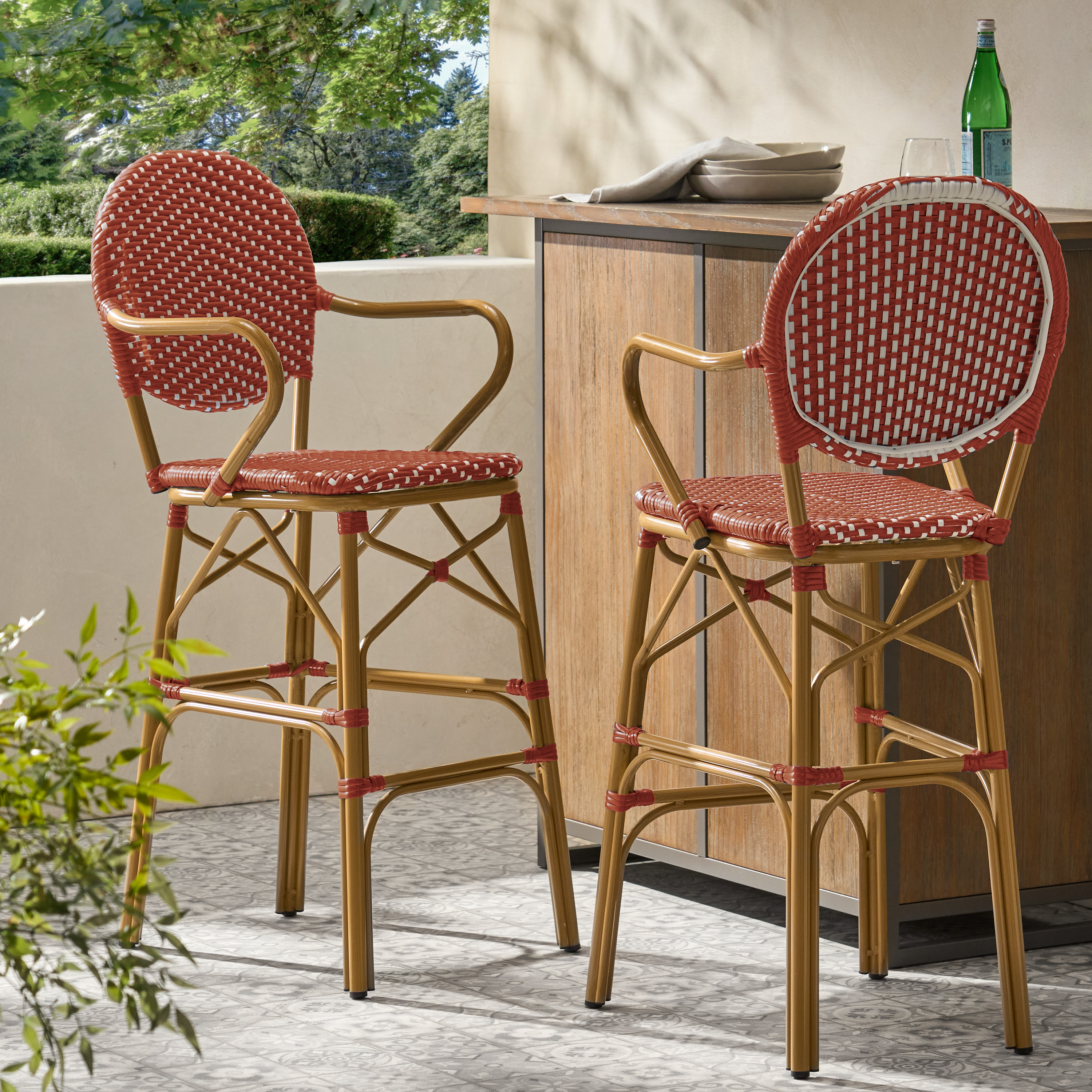 Outdoor Wicker And Aluminum 29.5 French Barstools, Set Of 2, Red, Bamboo Print Finish