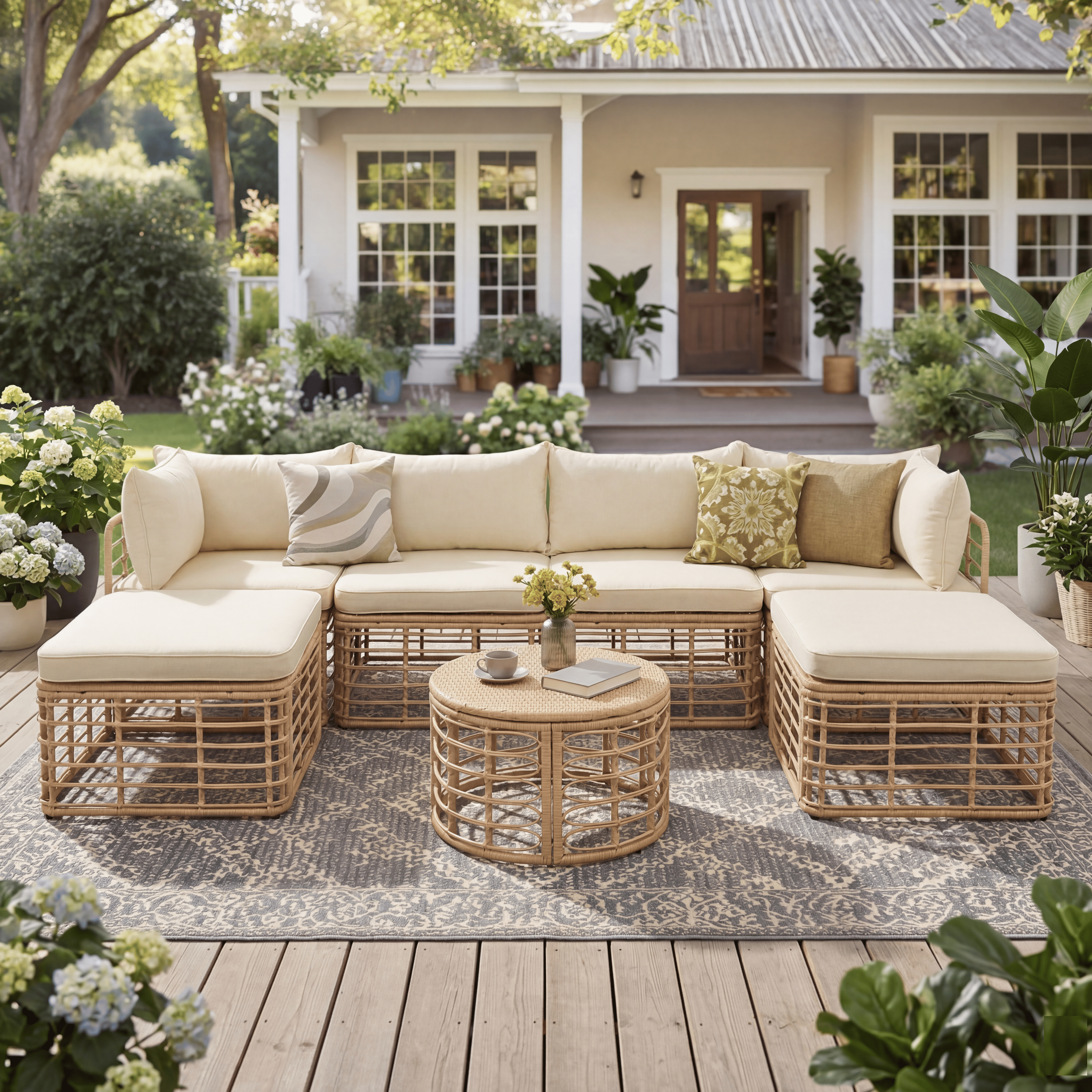 GO 7 Pieces Outdoor Patio Furniture, All-Weather Rattan Sectional Sofa Set With Thick Cushions And Pillows, Freely Combined Conversation Sets For Garden, Backyard, Balcony, Brown
