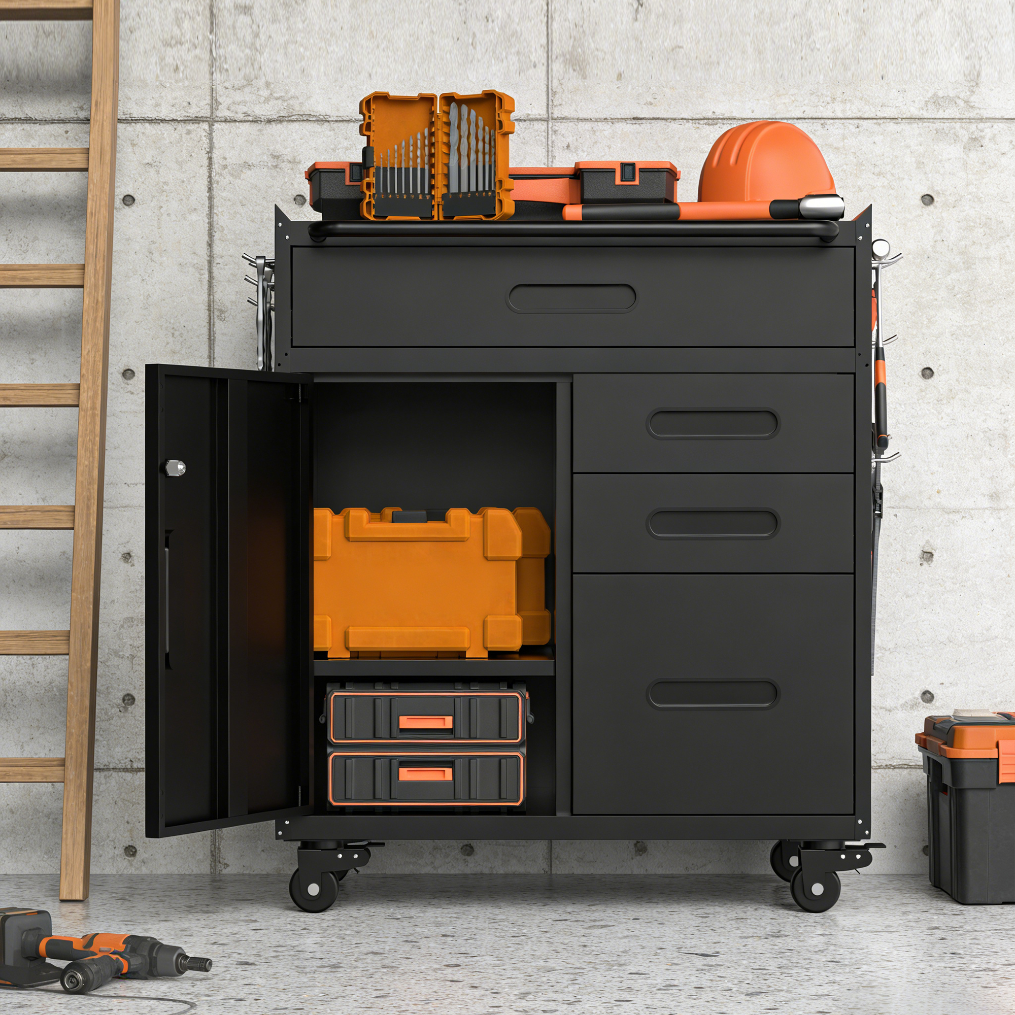 34.3 Mobile Tool Storage Cabinet - Garage Organizer With Lockable Compartment & 4 Drawers, Rolling Steel Chest For Workshop And Home Garage