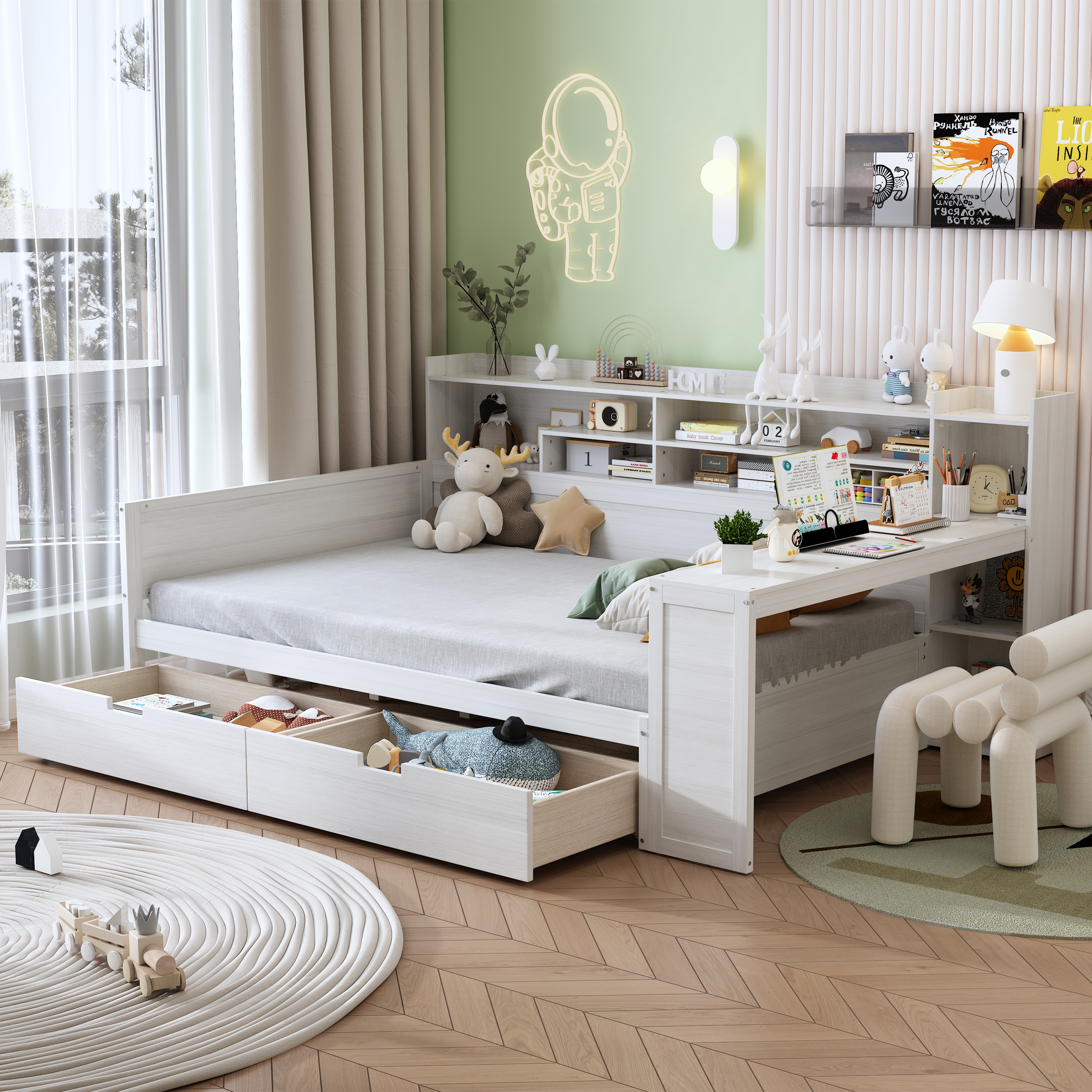 Wooden Full Size Daybed With Storage Shelves, Multi-functional Bed With Two Storage Drawers And Study Desk, Antique White Old SKU N733S241486K
