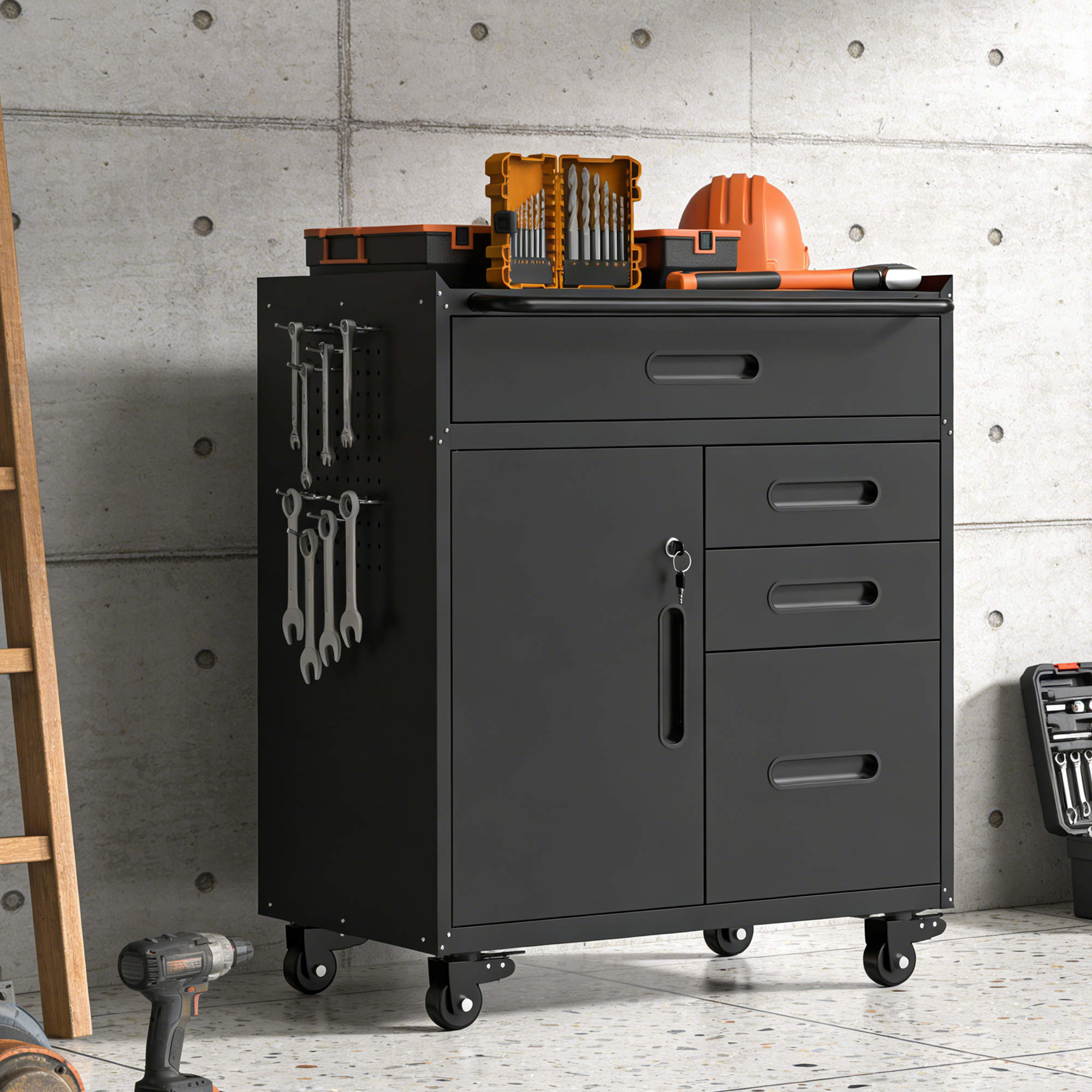 34.3 Mobile Tool Storage Cabinet - Garage Organizer With Lockable Compartment & 4 Drawers, Rolling Steel Chest For Workshop And Home Garage