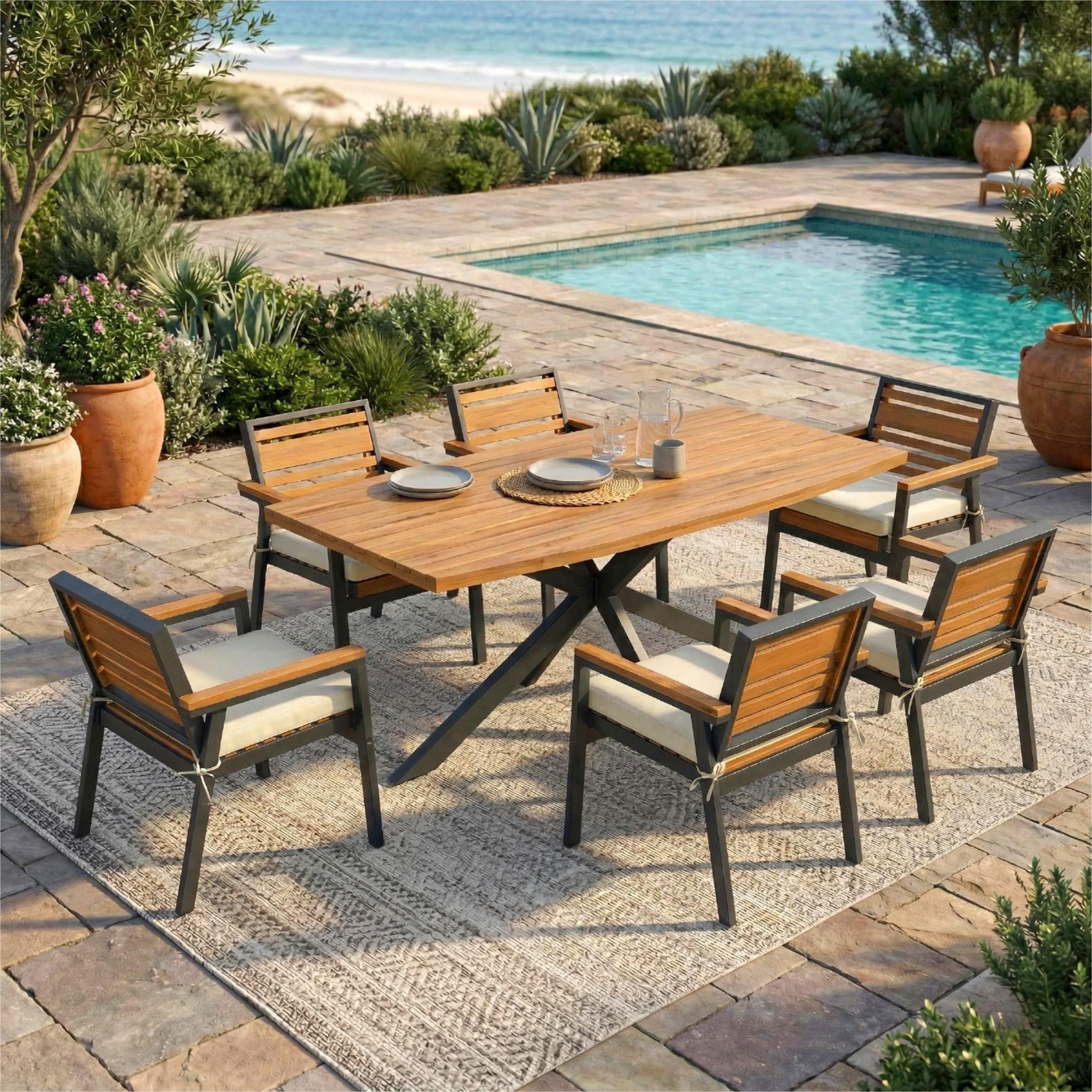 Modern 7-Piece Dining Set, Acacia Wood With Iron Frame, 6 Chairs With Dual-Layer Iron & Wood Seat Frame And Detachable Cushions, Outdoor Indoor Furniture For Patio And Garden, Beige