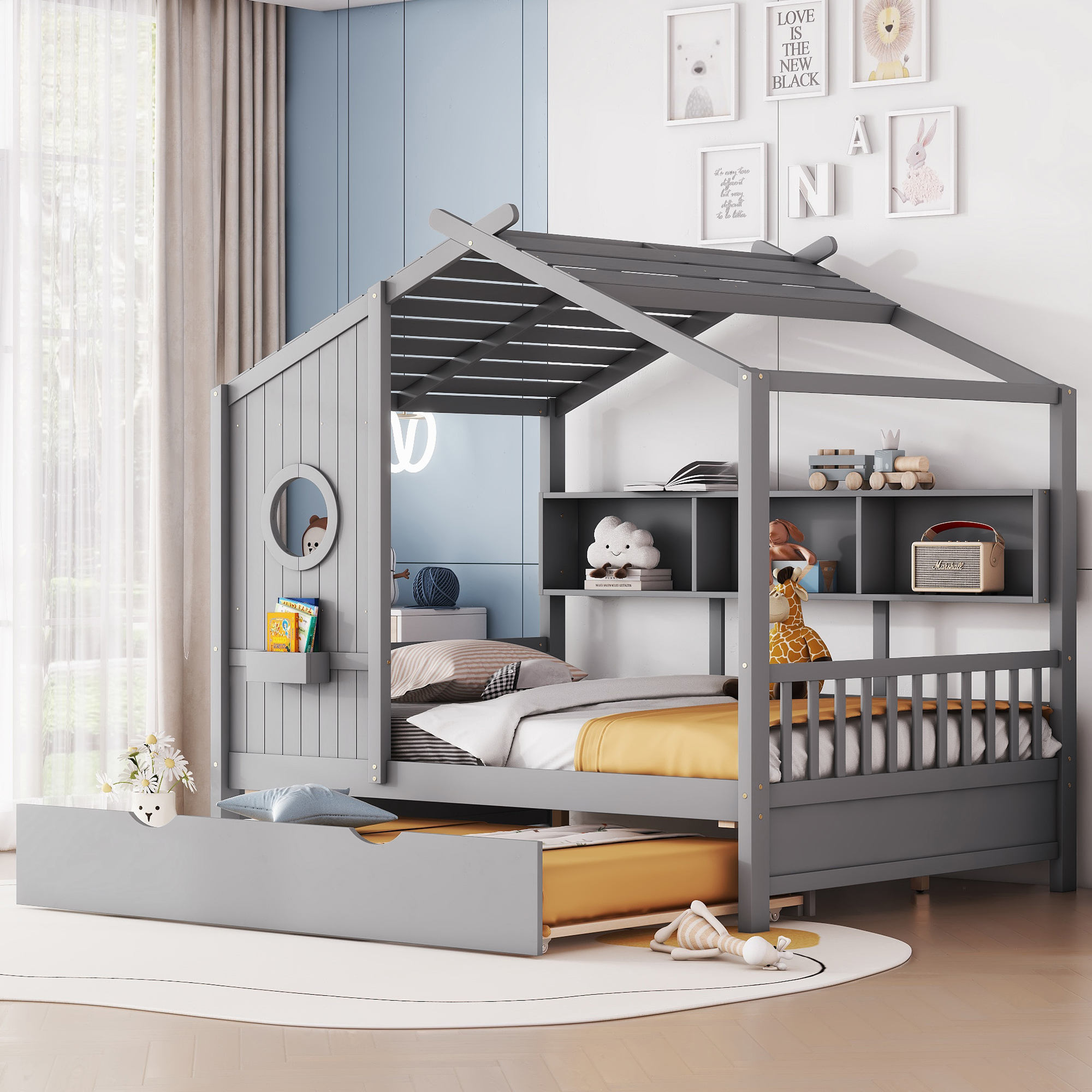 Wooden Full Size House Bed With Trundle, Modern Design For Kids With Storage Shlef, Gray Old SKU HL000095AAE