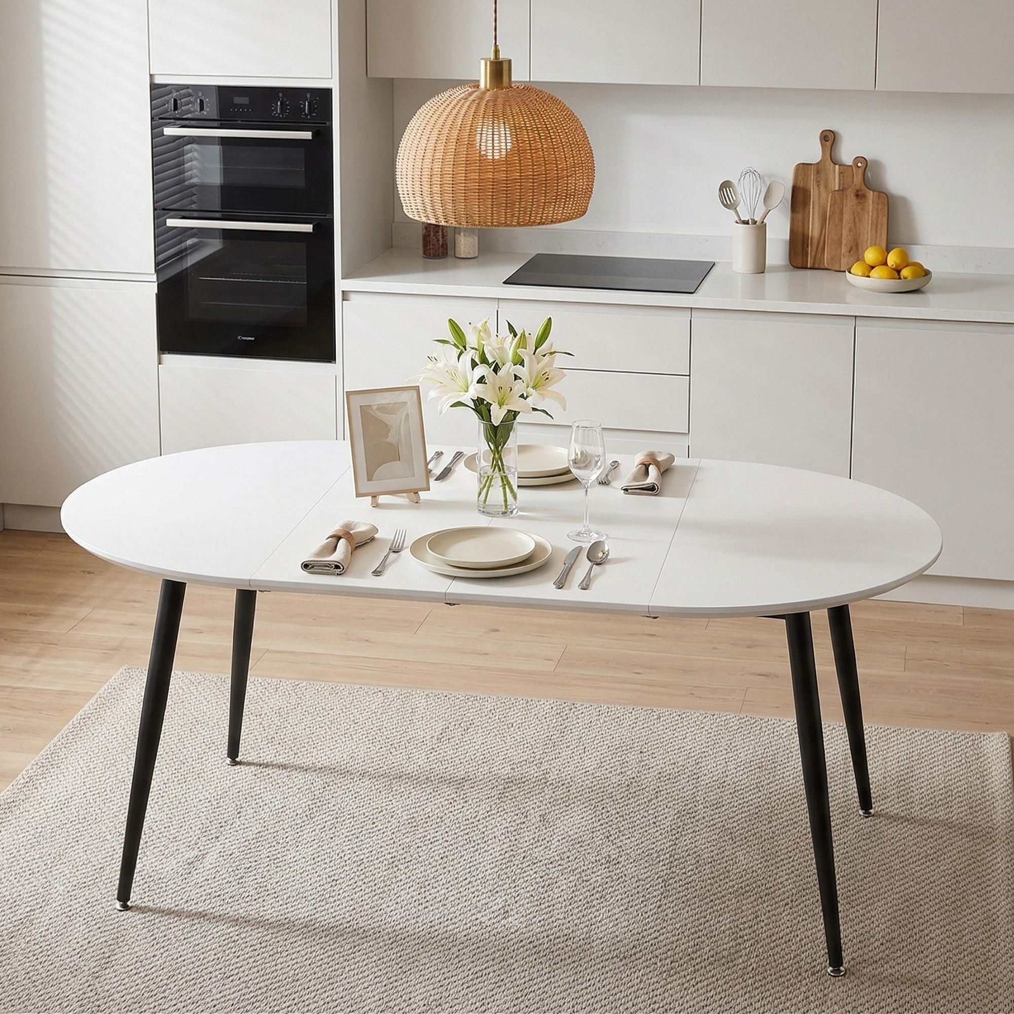 Using A Clever Telescopic Mechanism, This White Medium Density Fiberboard Tabletop Is Paired With Black Metal Legs, Resulting In A Smooth And Delicate Surface. Its Unique Design Creates A Smooth.