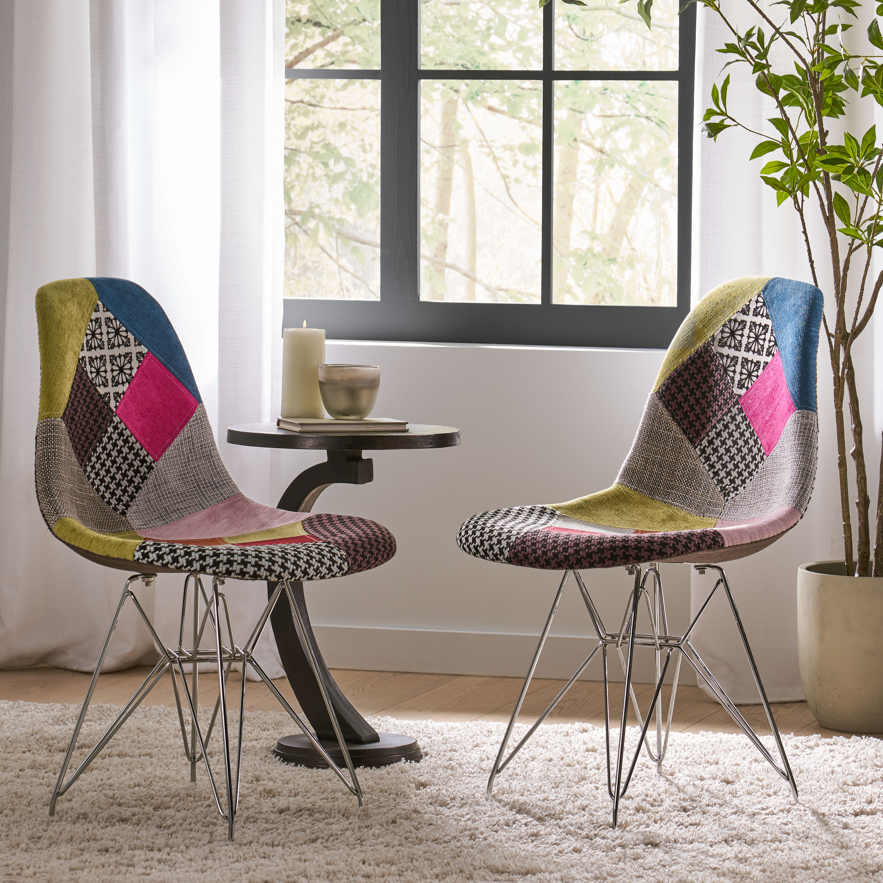 Patchwork Accent Chair Bohemian Style Fabric Chair With Chromed Legs Geometric Pattern Chair, 18D X 21W X 32H, Set Of 2
