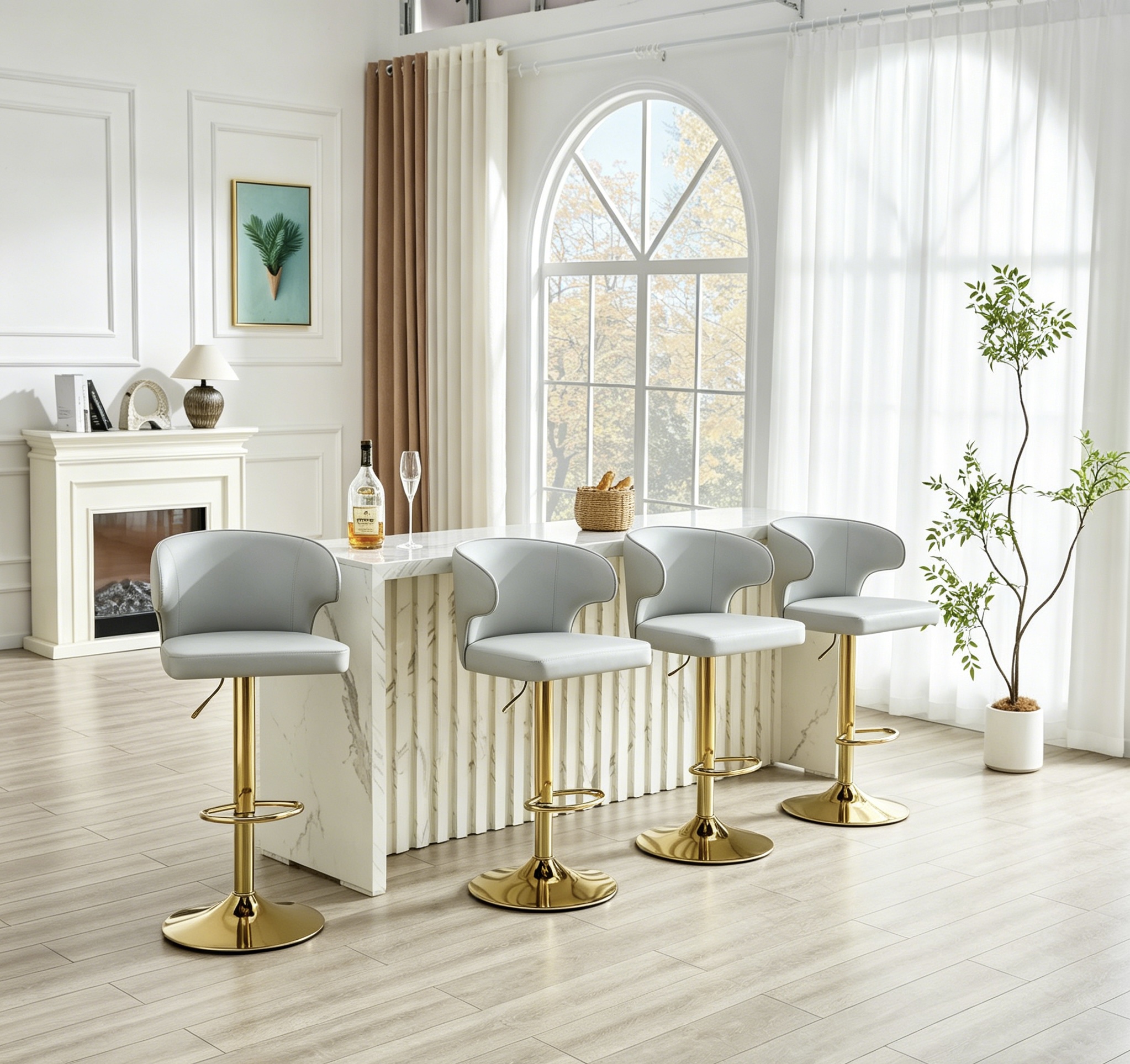 Modern Rotating Adjustable Bar Chair, PU Leather Belt Backrest Swivel Chair, Suitable For Kitchen Bar Counter And Dining Room, Adjustable Height, Capable Of Bearing 300 Pounds Grey -4 Pieces
