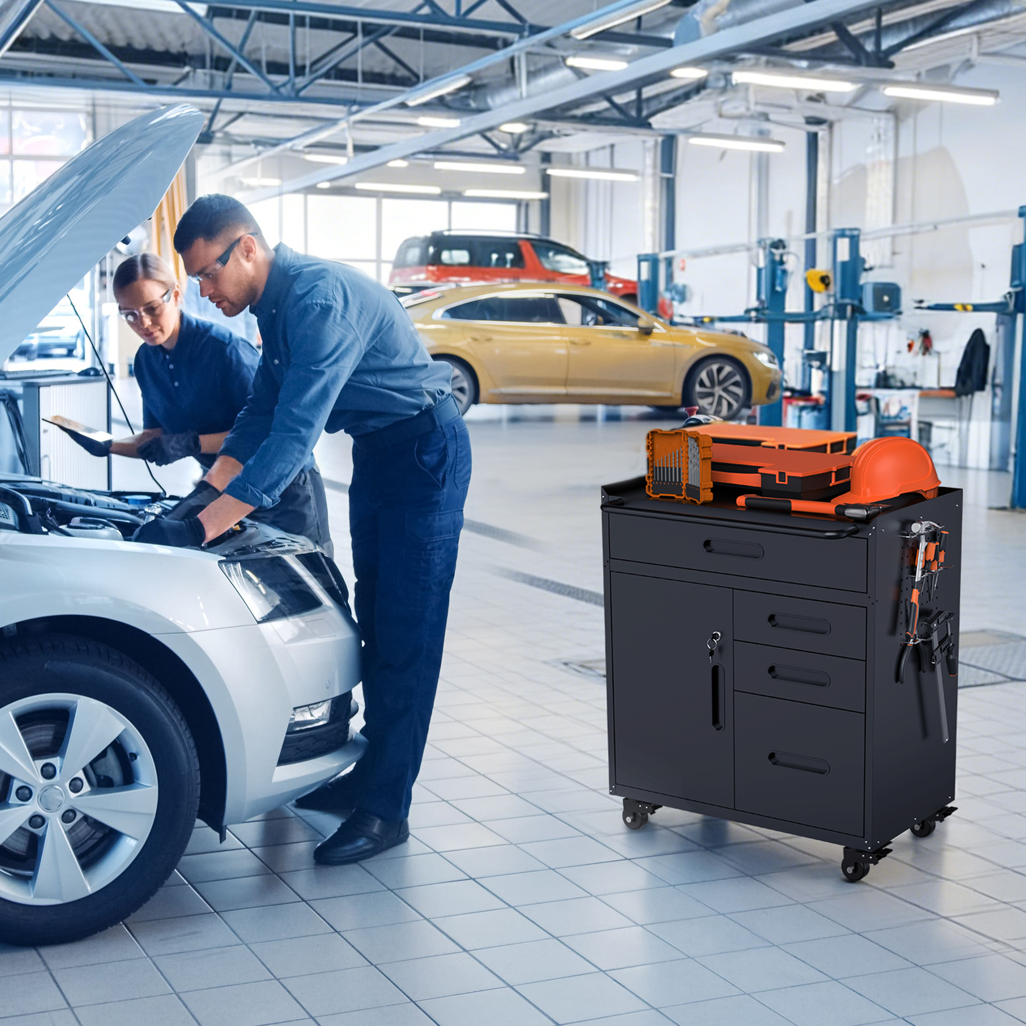 34.3 Mobile Tool Storage Cabinet - Garage Organizer With Lockable Compartment & 4 Drawers, Rolling Steel Chest For Workshop And Home Garage detail