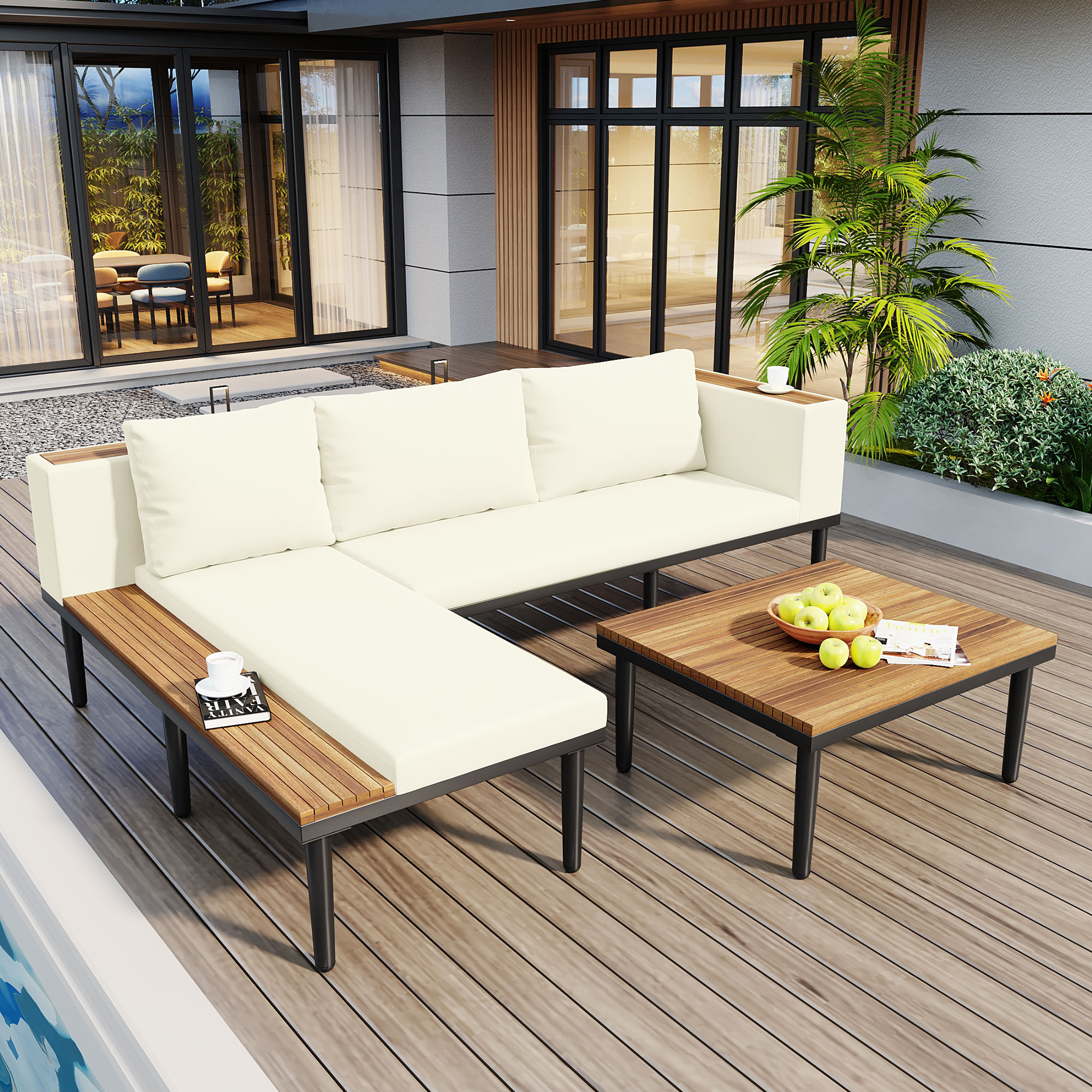 Luxury Patio Furniture Set With Removable Cushions And Coffee Table, L-Shaped  Acacia Wood Sofa With Side Table, Outdoor Conversation Sectional Sofa  For Backyard, Porch, Beige