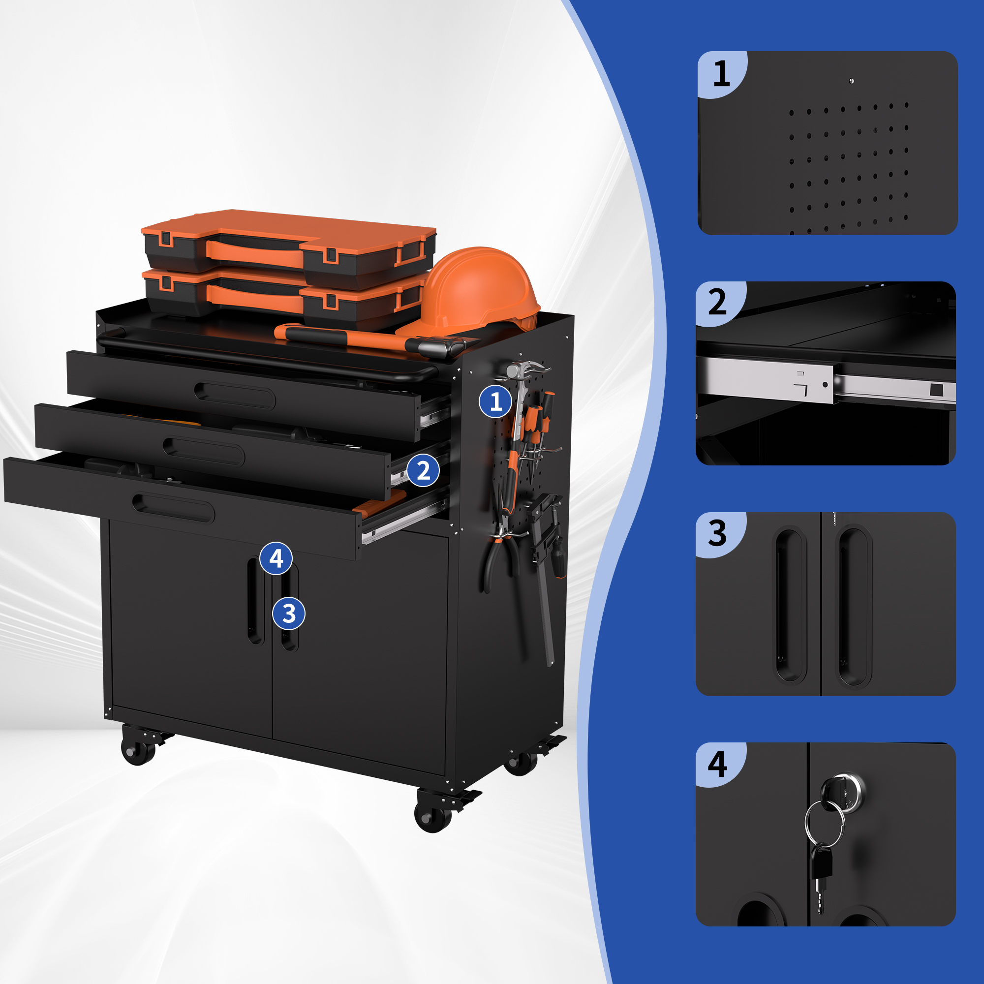 34.3 Rolling Metal Tool Cabinet - Heavy Duty Garage Storage With Lockable Doors & 3 Drawers, Mobile Workbench Organizer For Garage, Workshop, Home detail