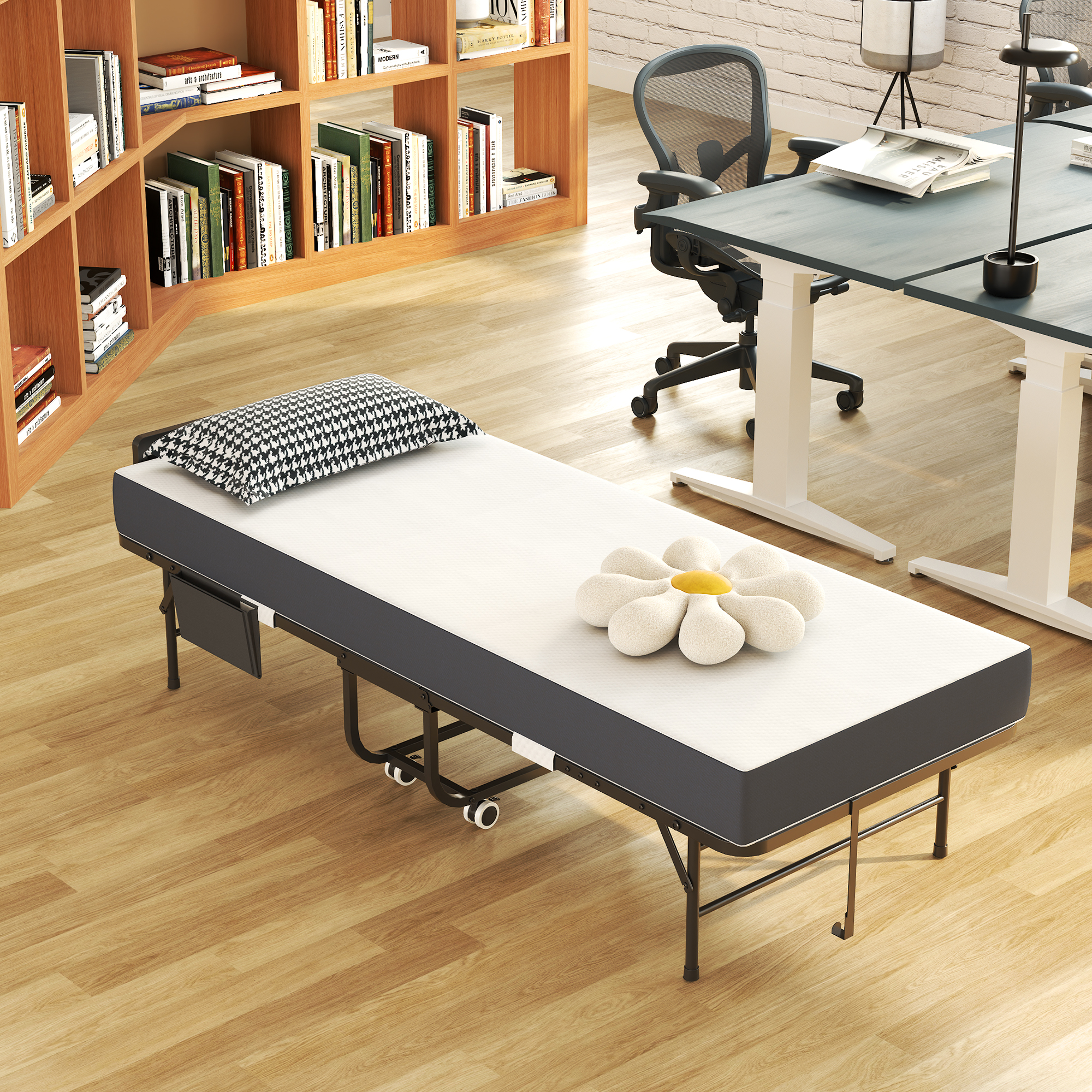 75 Folding Bed With Adjustable Headboard & 5 Memory Foam, Space Saving Rollaway Guest Bed For Tall People, Portable Twin Cot On Wheels, Easy Assembly