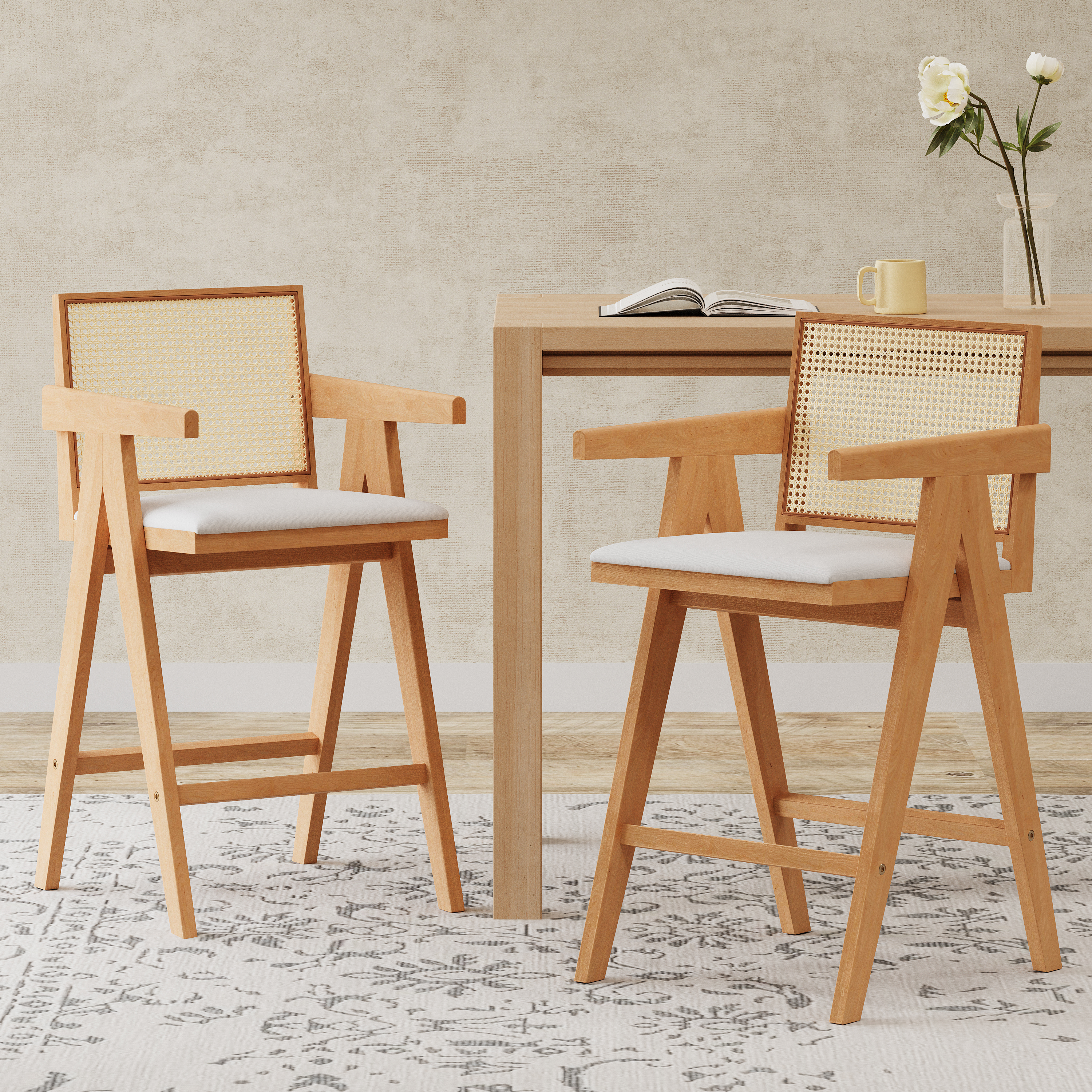 27 Height, Cream Woven Cane Plastic Backrest Bar Stool