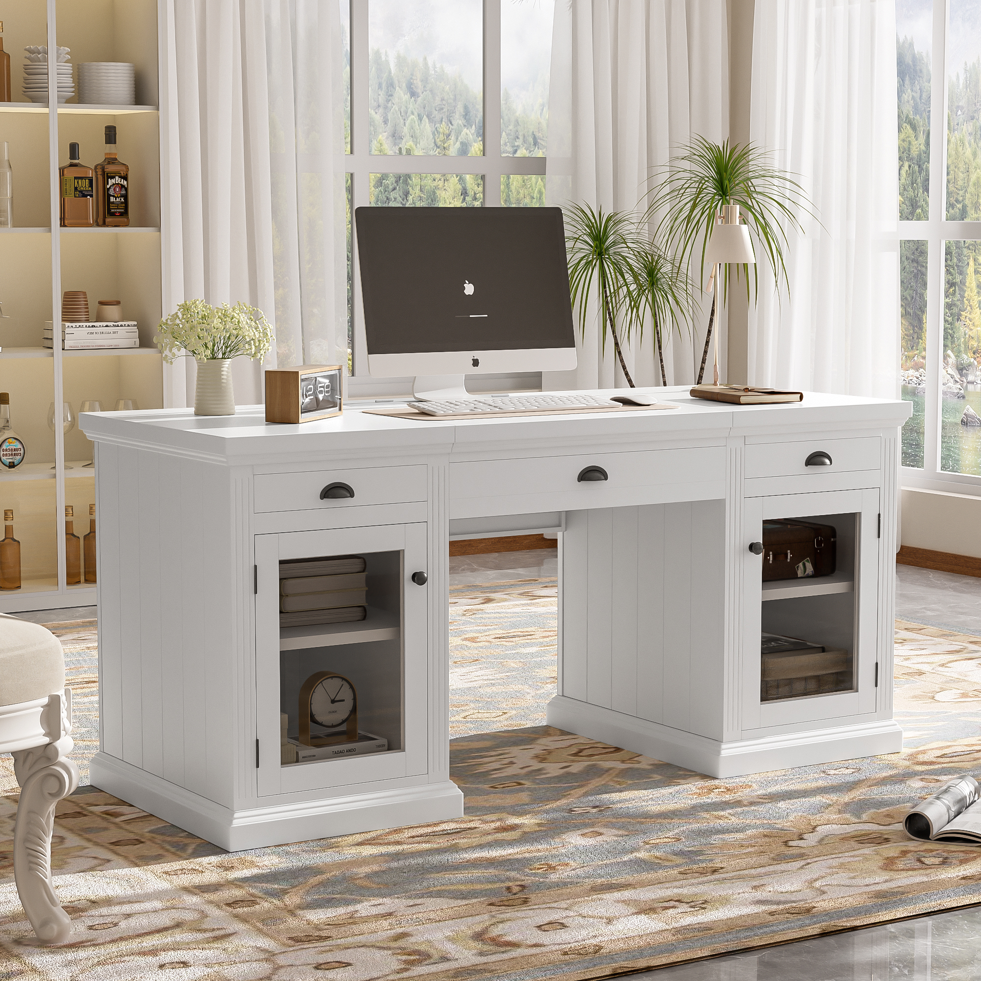 67 Modern Executive Desk,Computer Desk With 2 Glass Doors Storage Cabinet And 3 Drawers, Rectangle Home Office Desk ,Reading Desk,Writing Table,Workstation For Home Office,Living Room,Study,White