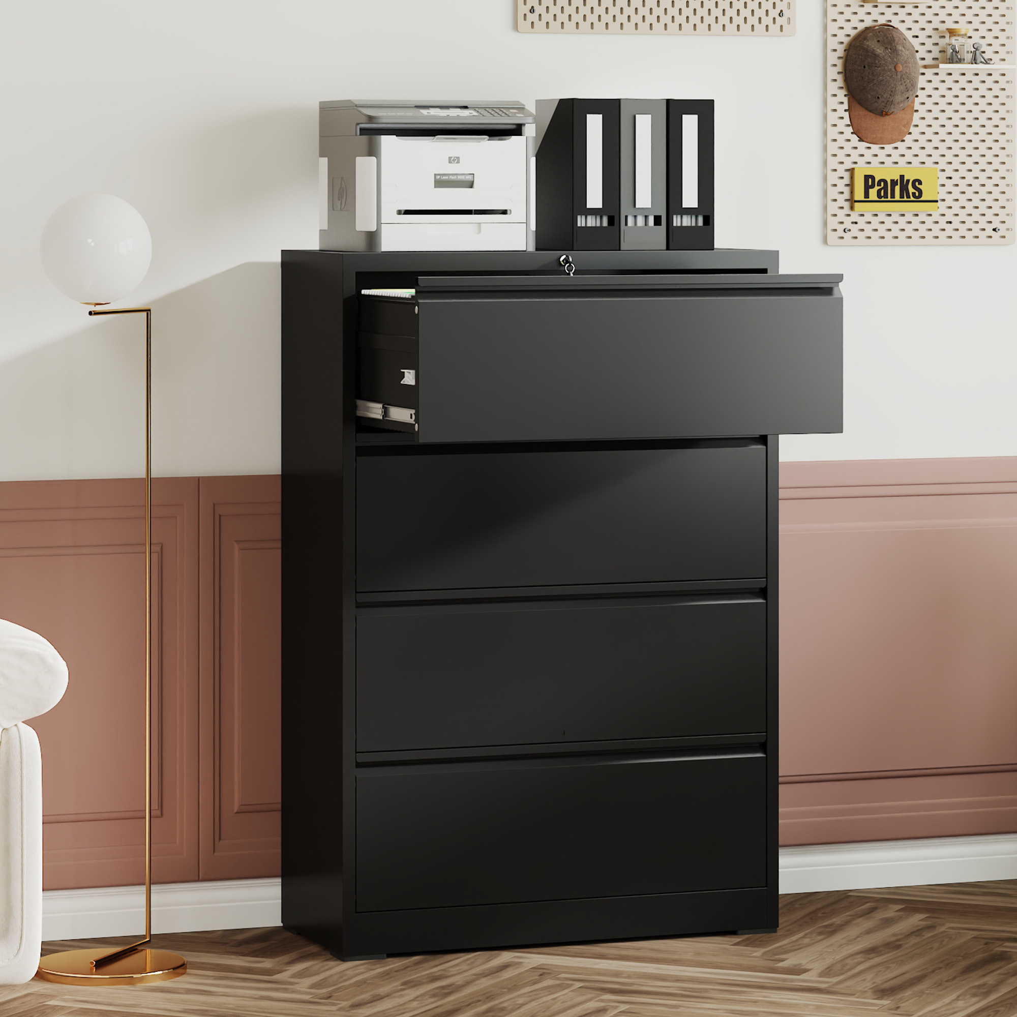 4 Drawer Lateral File Cabinet, Heavy Duty Metal Filing Cabinet, 35.4 Inch Wide Locking File Cabinet For Home Office, Space-Saving Vertical Storage With Anti-Tip Interlock, For Letter Legal A4 Files