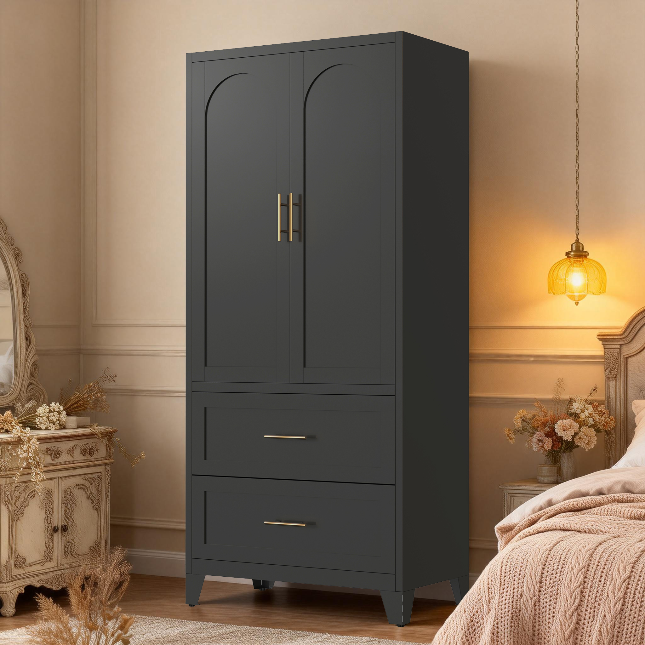 71 Tall Metal Wardrobe Cabinet With 2 Drawers And Hanging Rod, 2 Doors Wardrobe Closet With Shelf For Bedroom, Office, Laundry Room,Entryway ,Foyer,Guesthouse Black