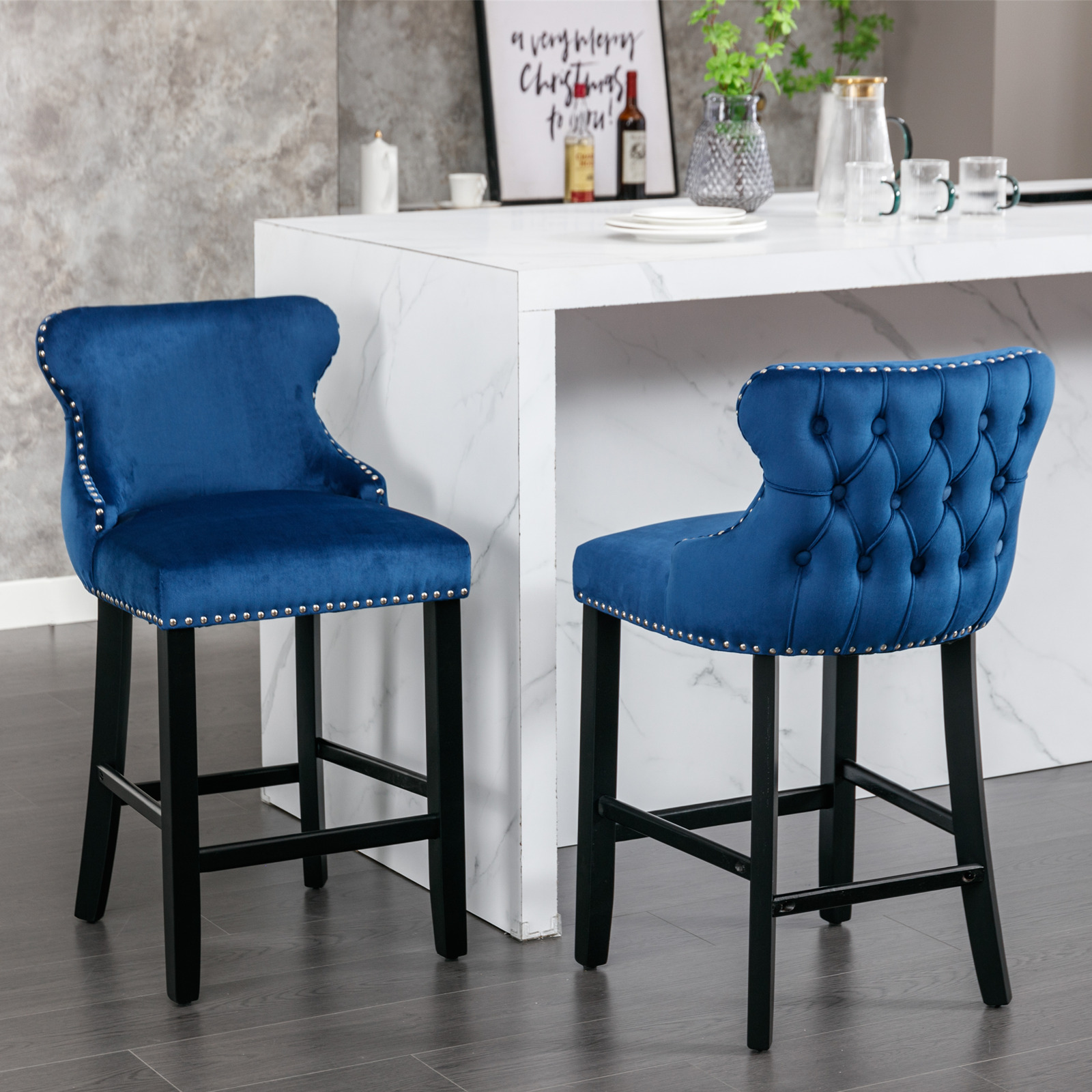 Velvet Upholstered Wing-Back Barstools, picture 4 of 4
