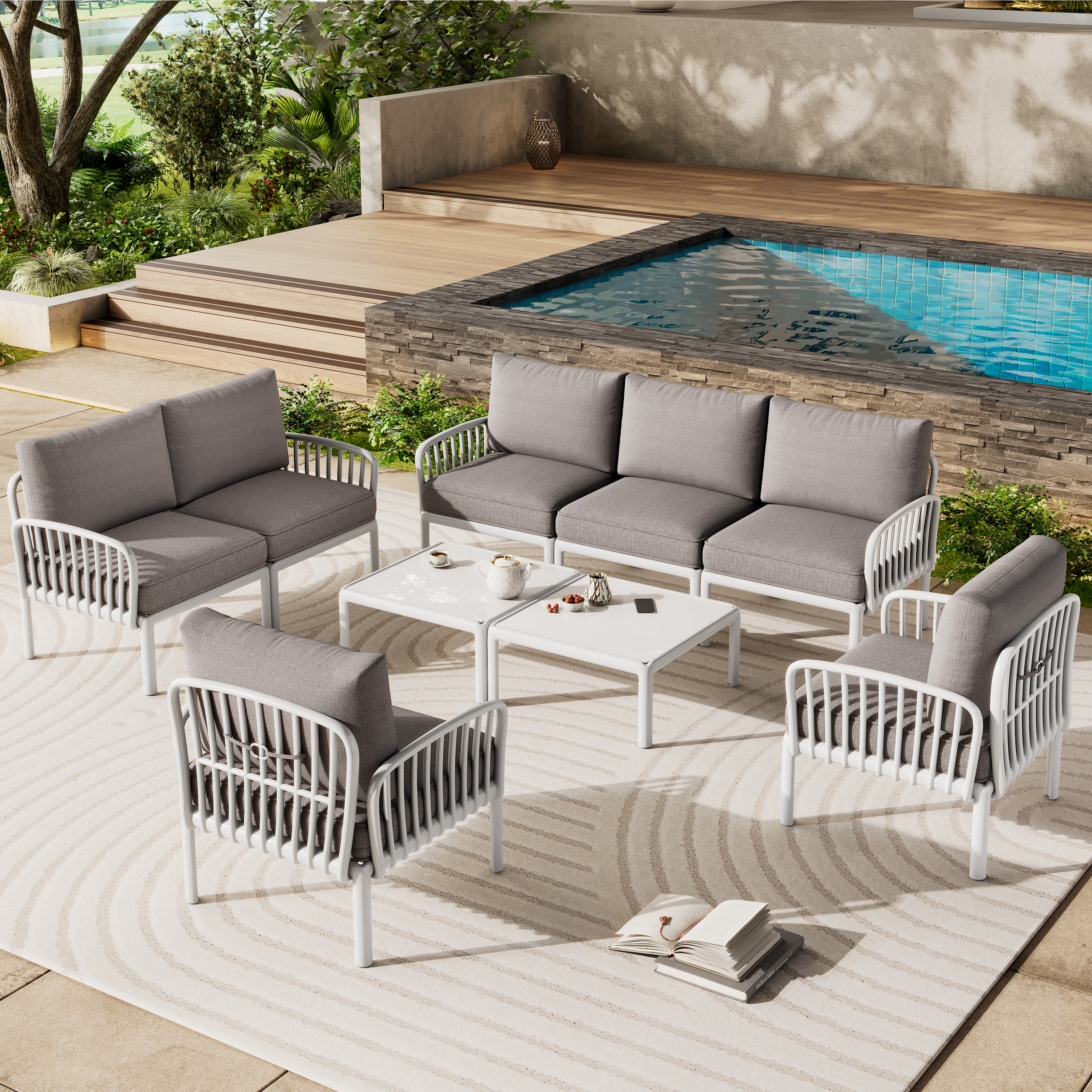 9 Piece Patio Conversation Sets, Modern Outdoor Patio