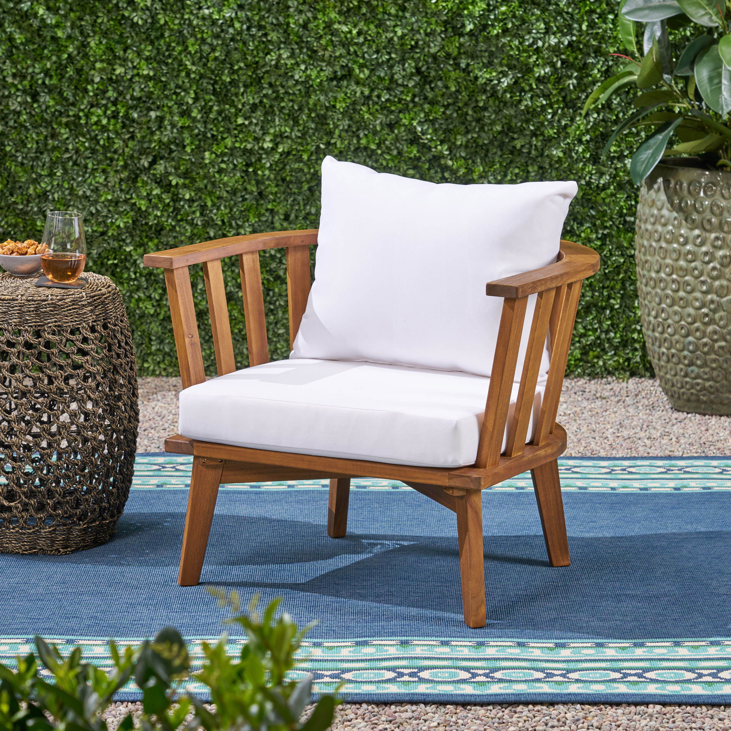 Outdoor Acacia Wood Patio Club Chair, Wooden Patio Furniture,Waterproof Thick Cushion Deep Seating For Porch, Garden, Backyard, Balcony, Weight Capacity 400lbs, Teak Finish, White