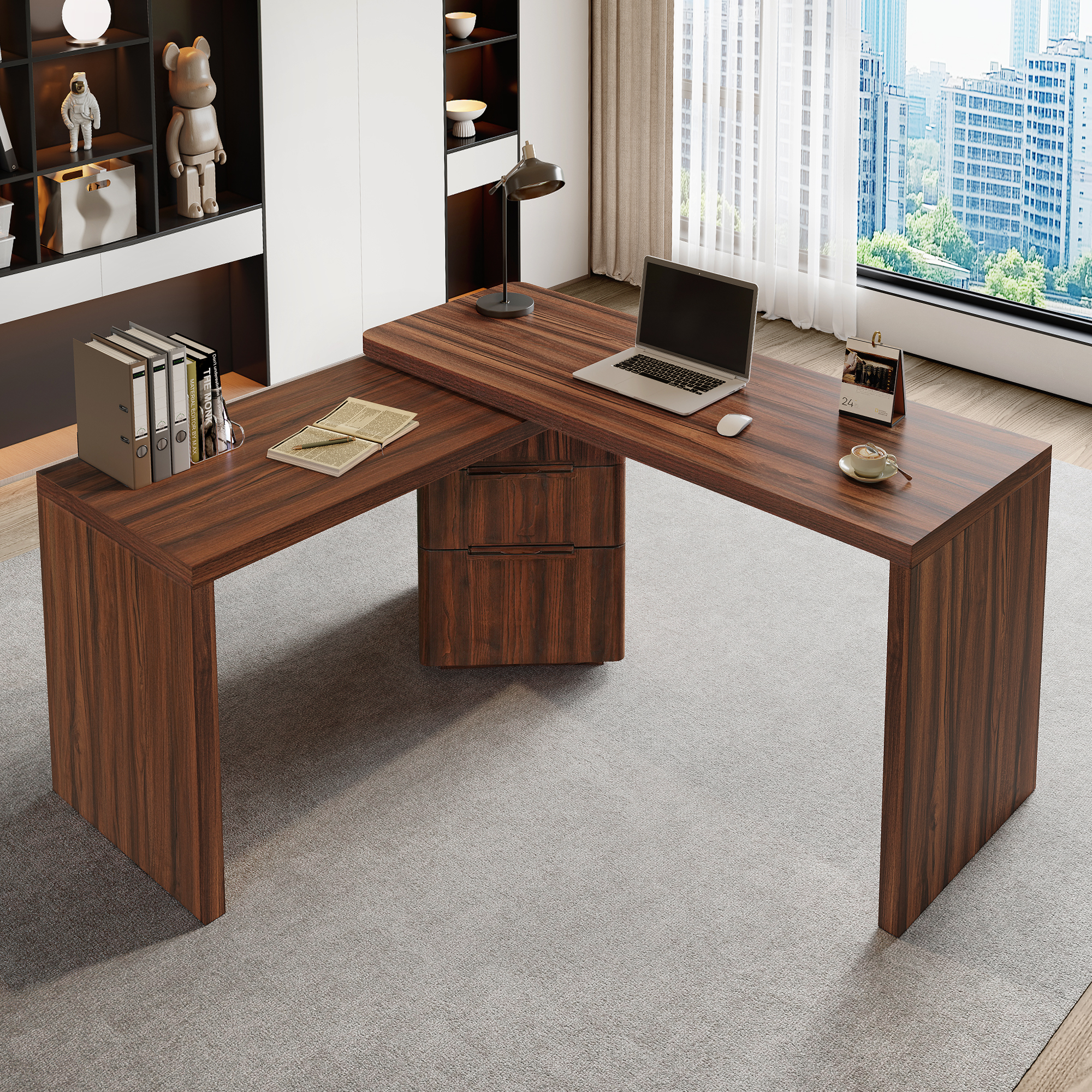 90 Modern L Shaped Desk In Walnut With 3 Drawers,360 Wood Rotating Desk,Executive Office Desk,Corner Desk,Office Study Workstation,for Home Office Or Living Room
