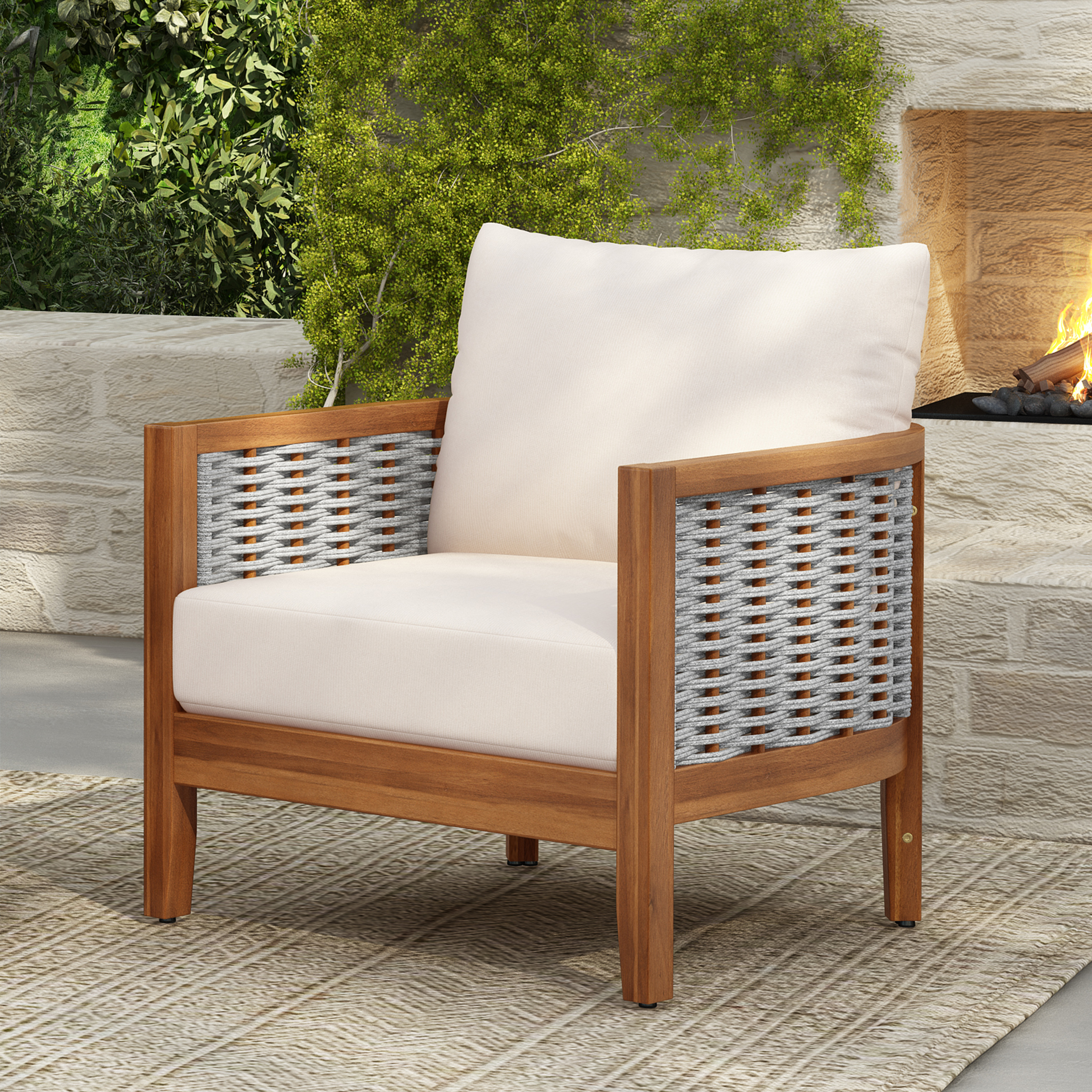 Outdoor Unique Tub Design Armchair With Woven Rope, Patio Furniture Acacia Wood Chair, Deep Seating With Soft Cushions For Porch, Garden, Backyard, Balcony, Teak Finish & Beige Cushion