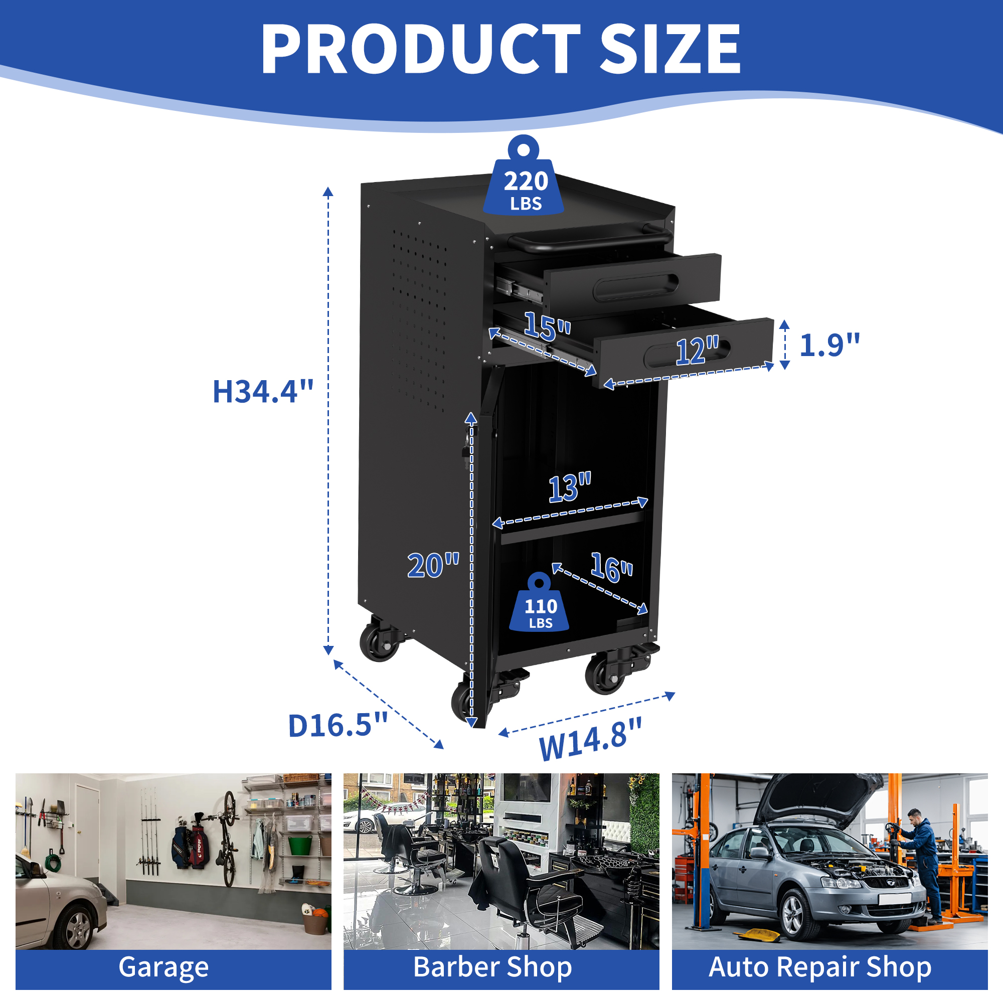 34.3 Narrow Rolling Tool Cabinet - Space-Saving Garage Storage With Lockable Door, 2 Drawers And Large Handle, Slim Metal Organizer For Tight Spaces