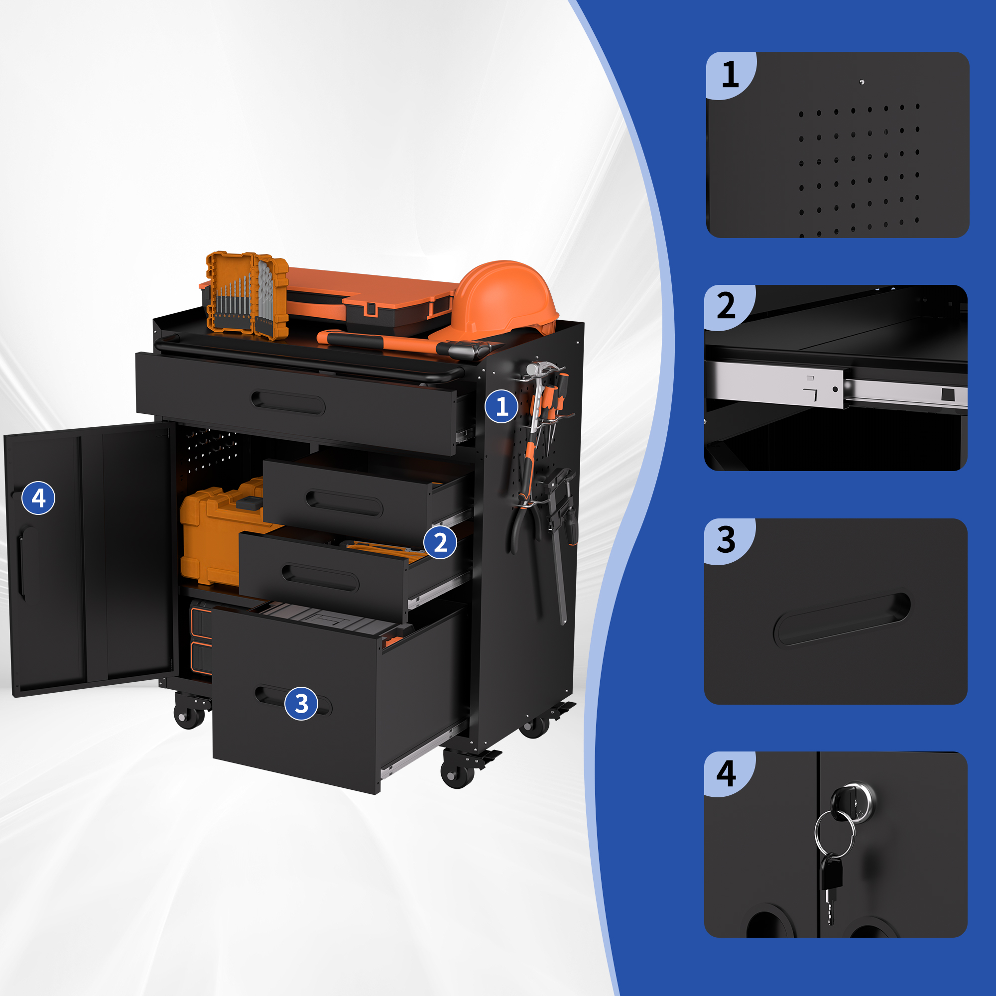 34.3 Mobile Tool Storage Cabinet - Garage Organizer With Lockable Compartment & 4 Drawers, Rolling Steel Chest For Workshop And Home Garage detail