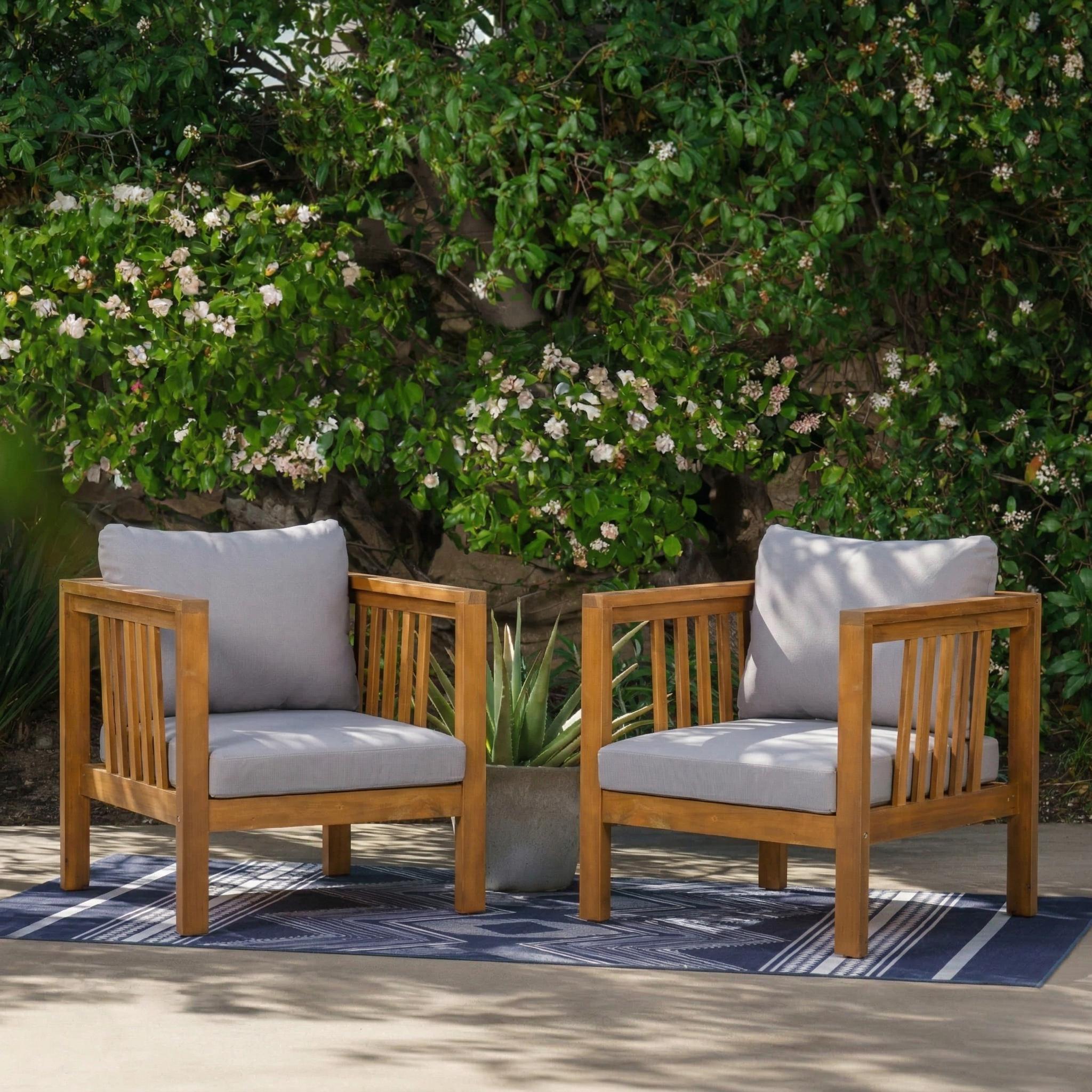 Set Of 2 Outdoor Acacia Wood Club Chairs With Modern Square Arms, 2-Piece Patio Conversation Set With Thick Cushions, Adjustable Leveling Feet For Poolside, Deck, Grey Cushions